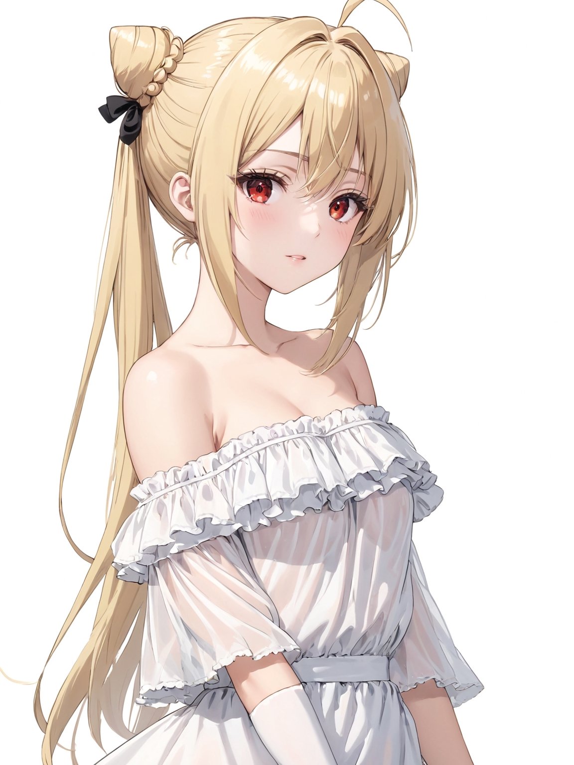 //Quality, masterpiece, best quality, detailmaster2, 8k, 8k UHD, ultra detailed, ultra-high resolution, ultra-high definition, highres, 
//Character, 1girl, solo,Terakomari, long hair, blonde hair, red eyes, ahoge, 
//Fashion, frills, off shoulder, hair bun, dress, see-through, off-shoulder dress,
//Background, white background, 
//Others, 