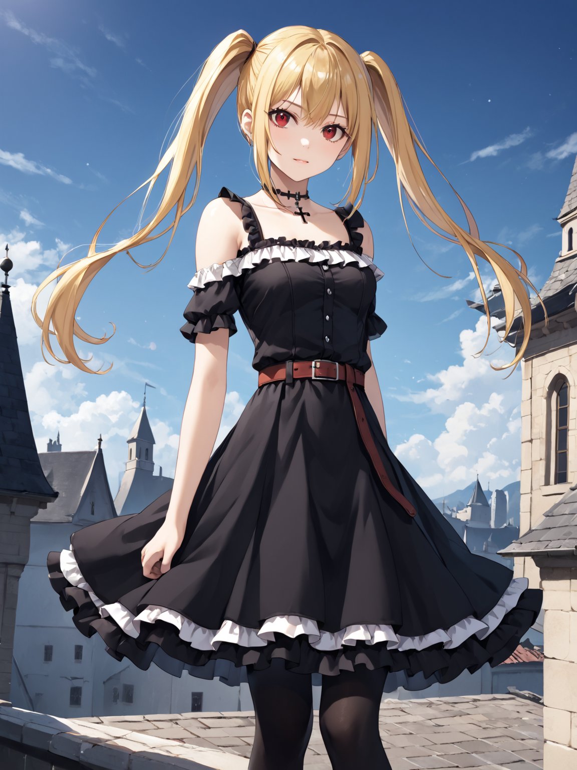 masterpiece, best quality, highres
,//Character, 
1girl, solo,AmaneMisa, twintails, blonde hair, red eyes, sidelocks
,//Fashion, 
black dress, sleeveless, bare shoulders, collarbone, choker, skirt, frills, belt, black pantyhose, cross
,//Background, 
,//Others, ,Expressiveh, 
A twin-tailed assassin girl perched on a rooftop, observing a medieval fantasy city at night.