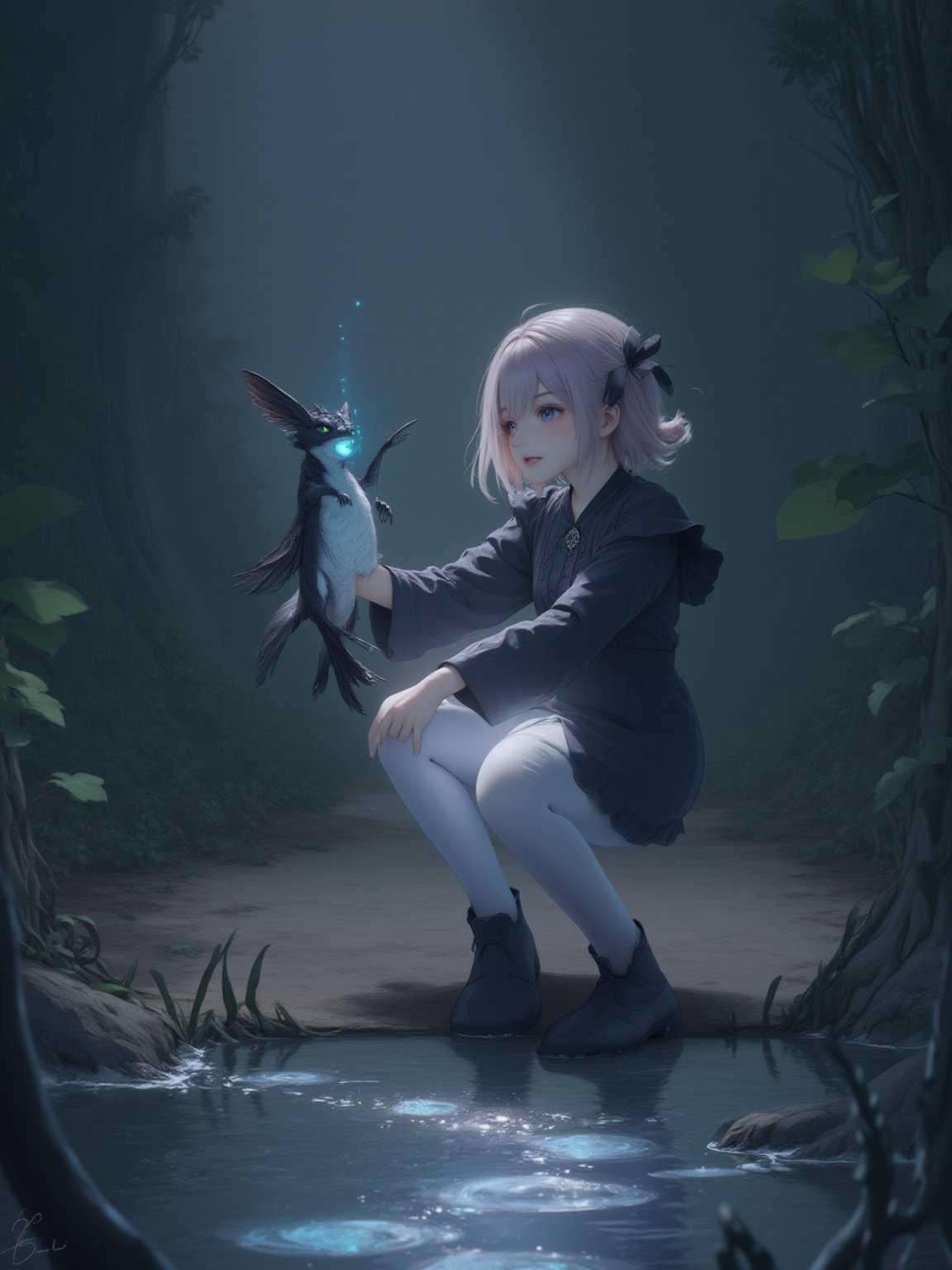 best quality, 8k, 8k UHD, ultra-high resolution, ultra-high definition, highres
,//Character, 
1girl, solo
,//Fashion, 
dress
,//Background, 
,//Others, ,Expressiveh,
The same girl kneeling by a sparkling stream in the forest. She's reaching out to touch a glowing, fairy-like creature hovering above the water. The creature emits a soft blue light. The girl's expression is one of wonder and curiosity. ,2bEimi