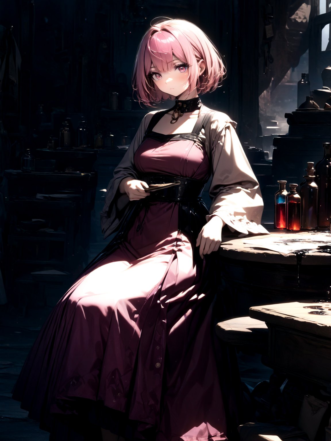 best quality, 8k, 8k UHD, ultra-high resolution, ultra-high definition, highres
,//Character, 
1girl, solo
,//Fashion, 
,//Background, 
,//Others, ,Expressiveh, 
Alural, short hair, pink hair, pink eyes, dress, Female alchemist mixing potions in a cluttered workshop, scrolls with strange symbols, focused expression, vial with swirling black liquid