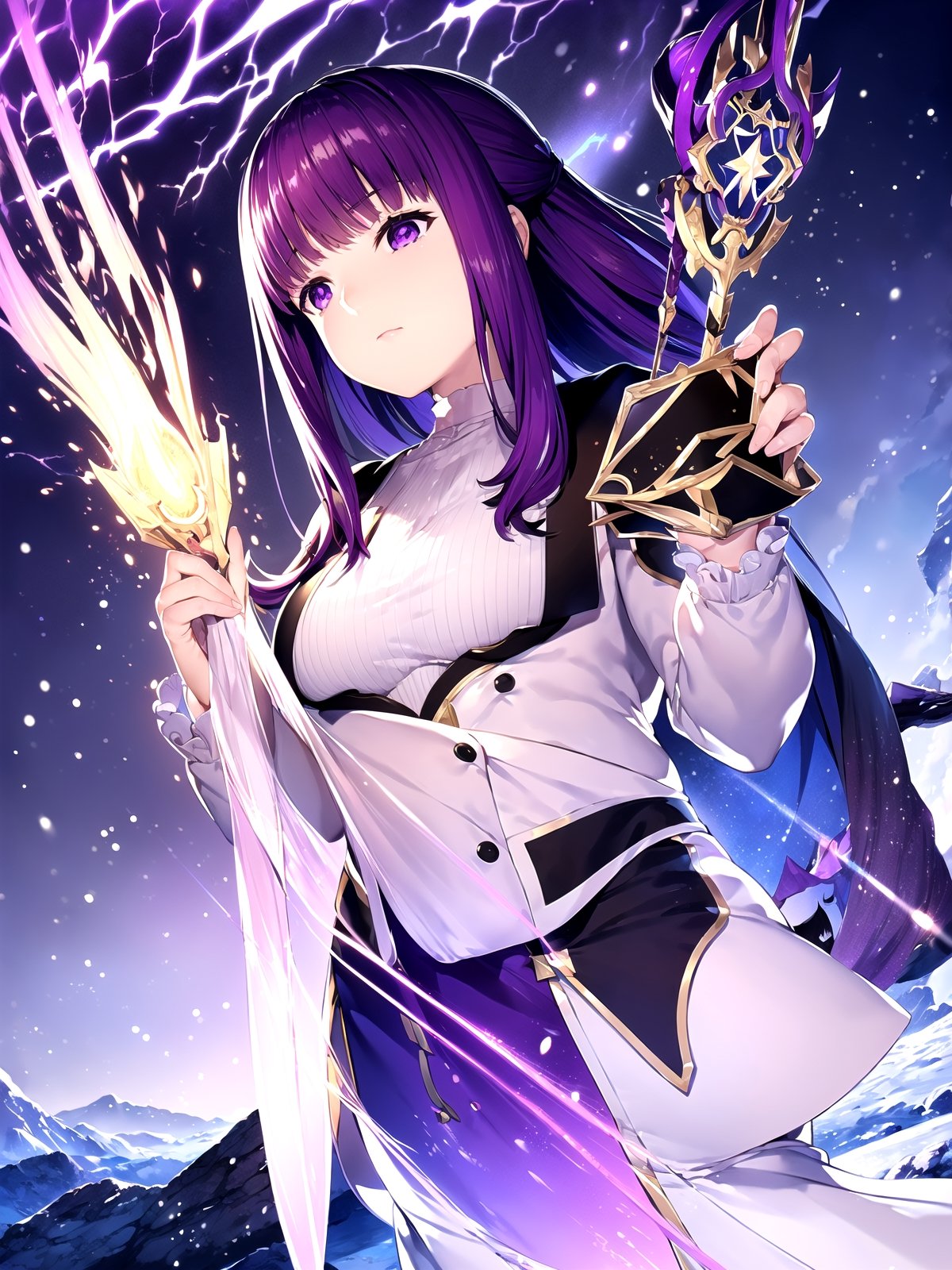 (masterpiece, top quality, best quality, official art, beautiful and aesthetic:1.2), 1girl, standing, hands up, close-up, magic, light rays, girl, snowy mountain, magician's wand, magician, spell magic, style-swirlmagic:0.8, (using dark magic:1.4),fern, purple_hair, purple_eyes