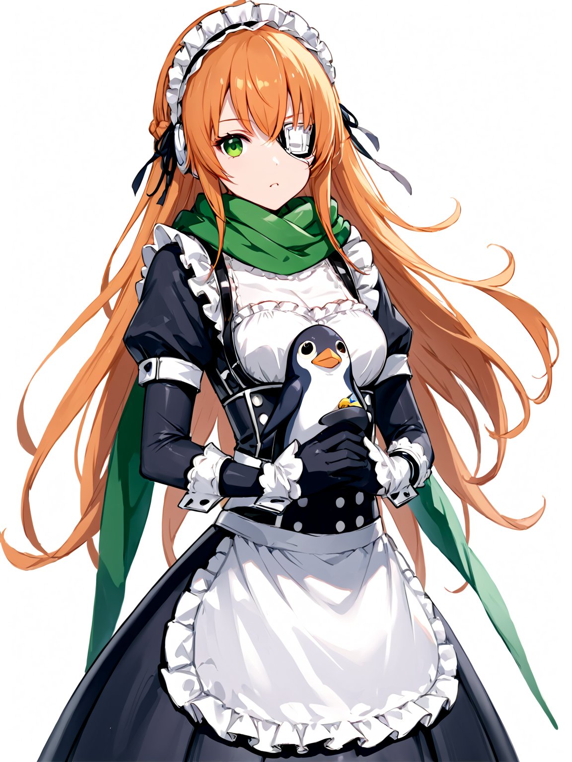 score_9,score_8_up,score_7_up,score_6_up, masterpiece, best quality
,//Character, 
1girl, solo,cz2128_delta \(overlord\), long hair, green eyes, orange hair, eyepatch
,//Fashion, 
maid, maid headdress, camouflage, green scarf, gloves, dress, armor
,//Background, white_background
,//Others,
(holding large Stuffed Penguin:1.3)