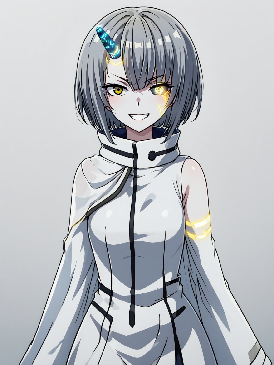 best quality, 8k, 8k UHD, ultra-high resolution, ultra-high definition, highres
,//Character, 
1girl, solo
,//Fashion, 
,//Background, 
,//Others, ,Expressiveh,
Ataru, short hair, grey hair, yellow eyes, heterochromia, glowing, single horn, dress, skirt, grin