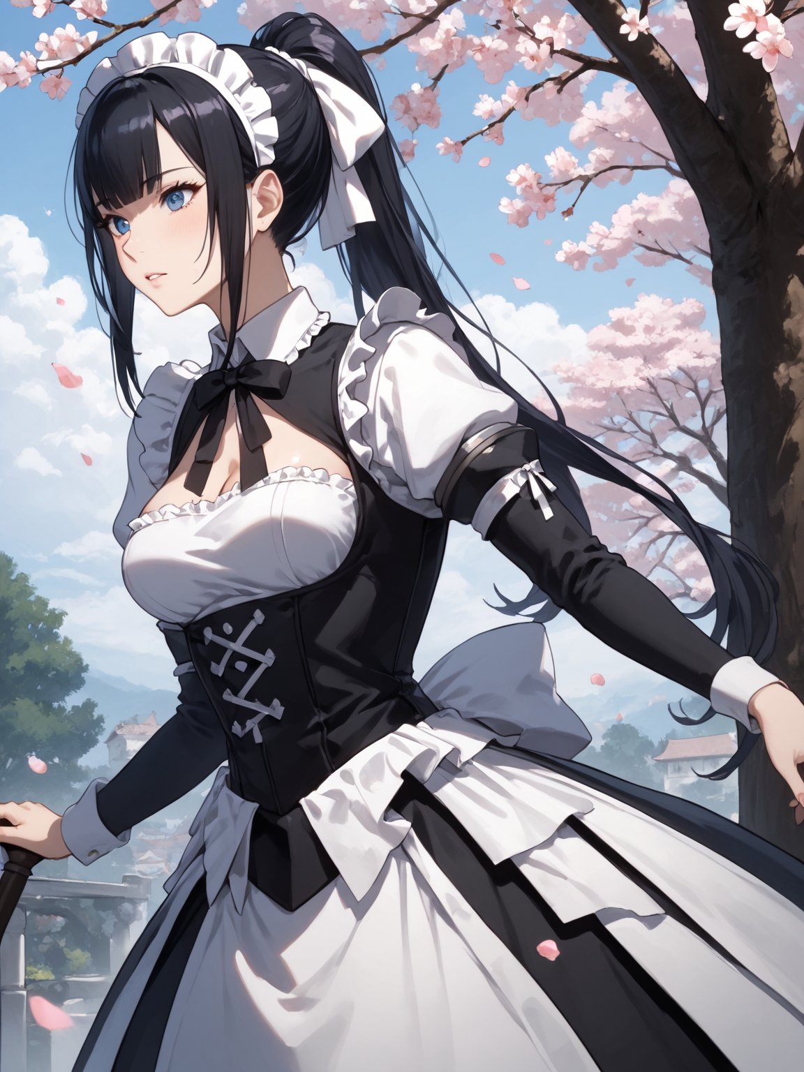 score_9,score_8_up,score_7_up,score_6_up, masterpiece, best quality, highres
,//Character, 
1girl,narberal gamma \(overlord\), long hair, black hair, glay eyes, bangs, ponytail, medium breats
,//Fashion, 
maid
,//Background, 
,//Others, ,Expressiveh, 
A shy schoolgirl peeking from behind a cherry blossom tree, soft petals falling around her.