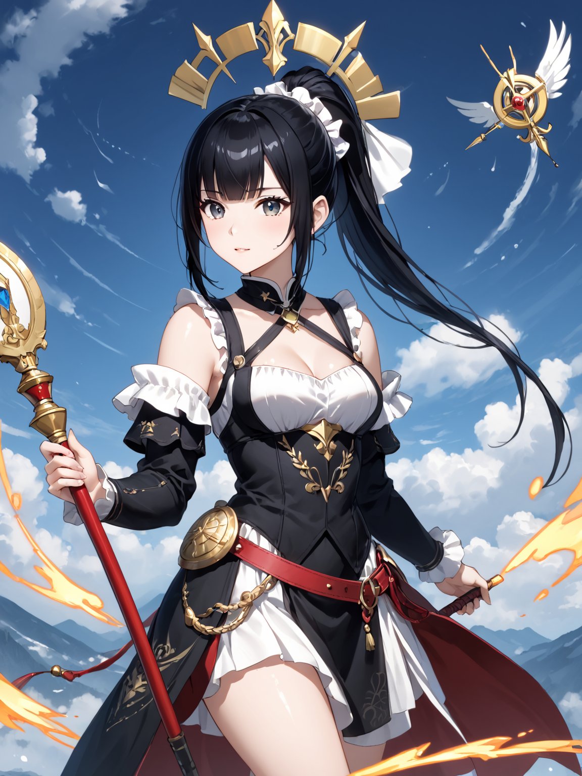 score_9,score_8_up,score_7_up,score_6_up, masterpiece, best quality, highres
,//Character, 
1girl,narberal gamma \(overlord\), long hair, black hair, glay eyes, bangs, ponytail, medium breats
,//Fashion, 

,//Background, 
,//Others, ,Expressiveh, 
A girl riding a giant pencil like a witch's broomstick, soaring through a sky filled with floating mathematical equations.