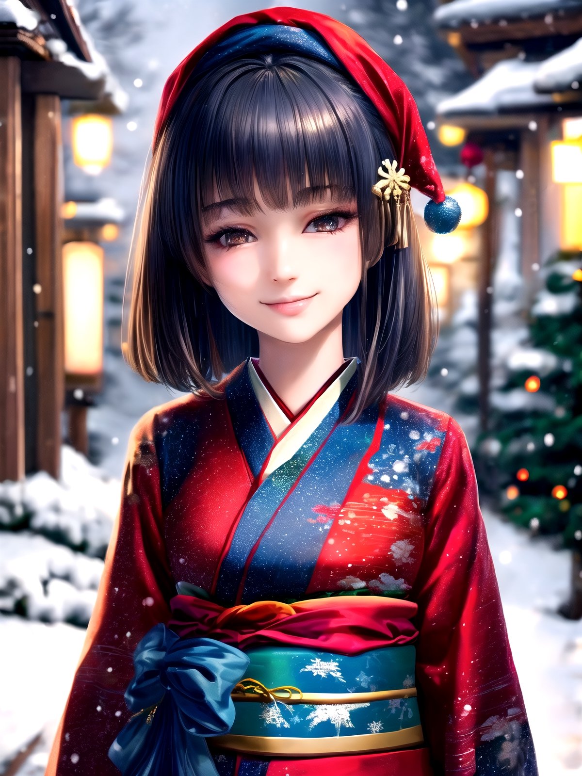 Warm lighting, beautiful Japanese girl, detailed face, shy smile, dark eyes, short bobbed hair, gorgeous hair ornament, details (dark blue silk brocade kimono), Kyoto, outdoors, winter, snow, full-length portrait, realistic ,Japanese girl, Santa Claus, Christmas, young girl, background slightly blurred,