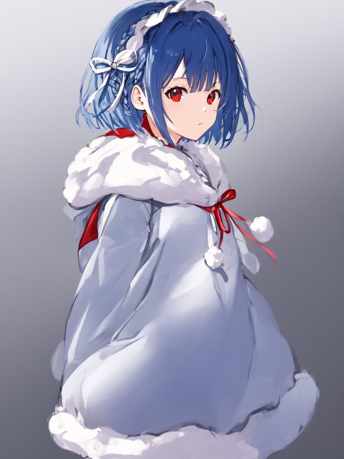 masterpiece, best quality, 8k, 8k UHD, ultra-high resolution, ultra-high definition, highres
,//Character, 
1girl, solo, short hair, blue hair, shiny hair, red eyes, bangs, braid
,//Fashion, 
santa_costume, hair ribbon
,//Background, white_background
,//Others, ,Expressiveh,
dynamic pose, dark energy