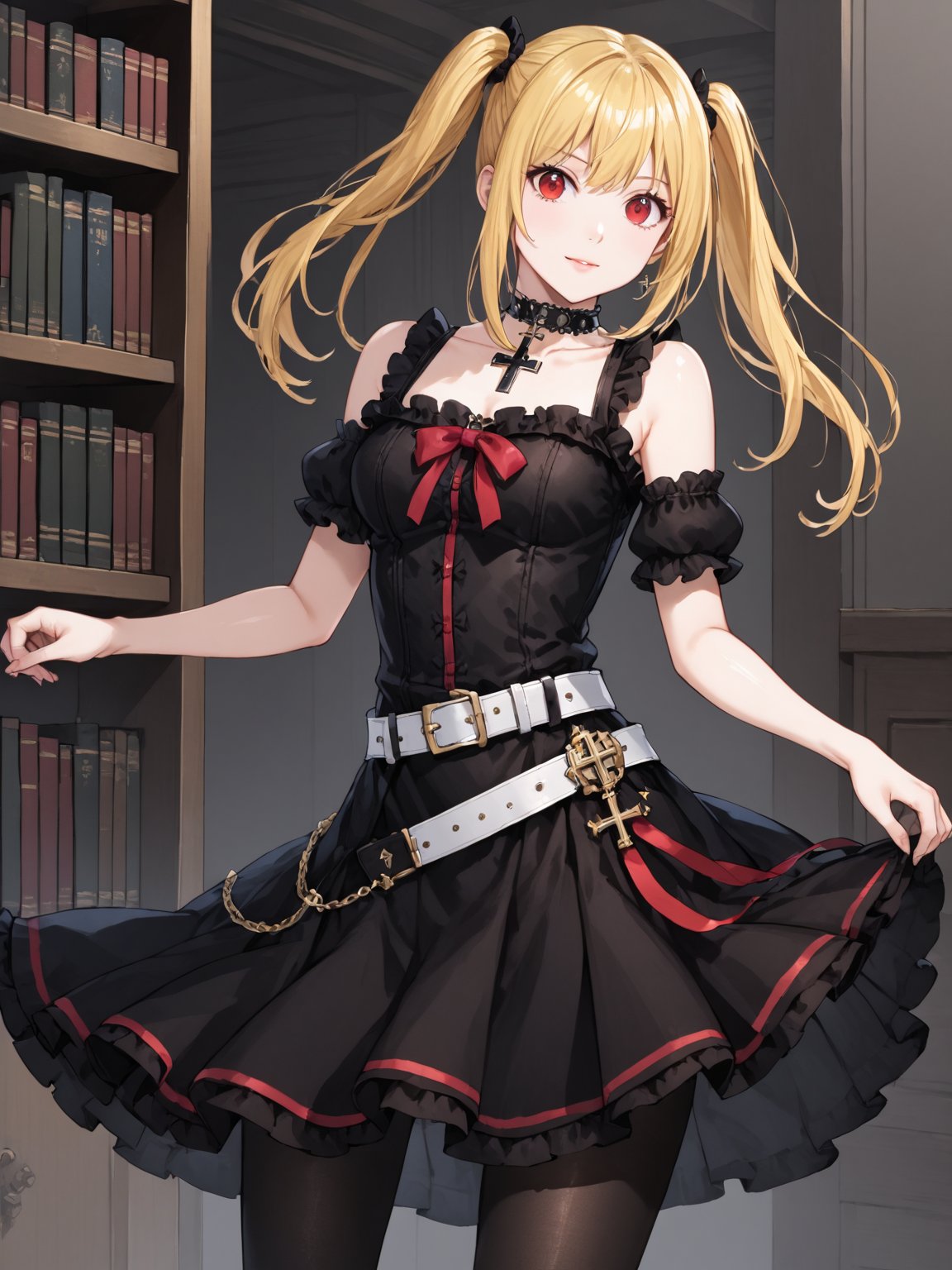 masterpiece, best quality, highres
,//Character, 
1girl, solo,AmaneMisa, twintails, blonde hair, red eyes, sidelocks
,//Fashion, 
black dress, sleeveless, bare shoulders, collarbone, choker, skirt, frills, belt, black pantyhose, cross
,//Background, 
,//Others, ,Expressiveh, 
A young magic caster girl practicing spells in a vast library filled with ancient tomes and magical artifacts.