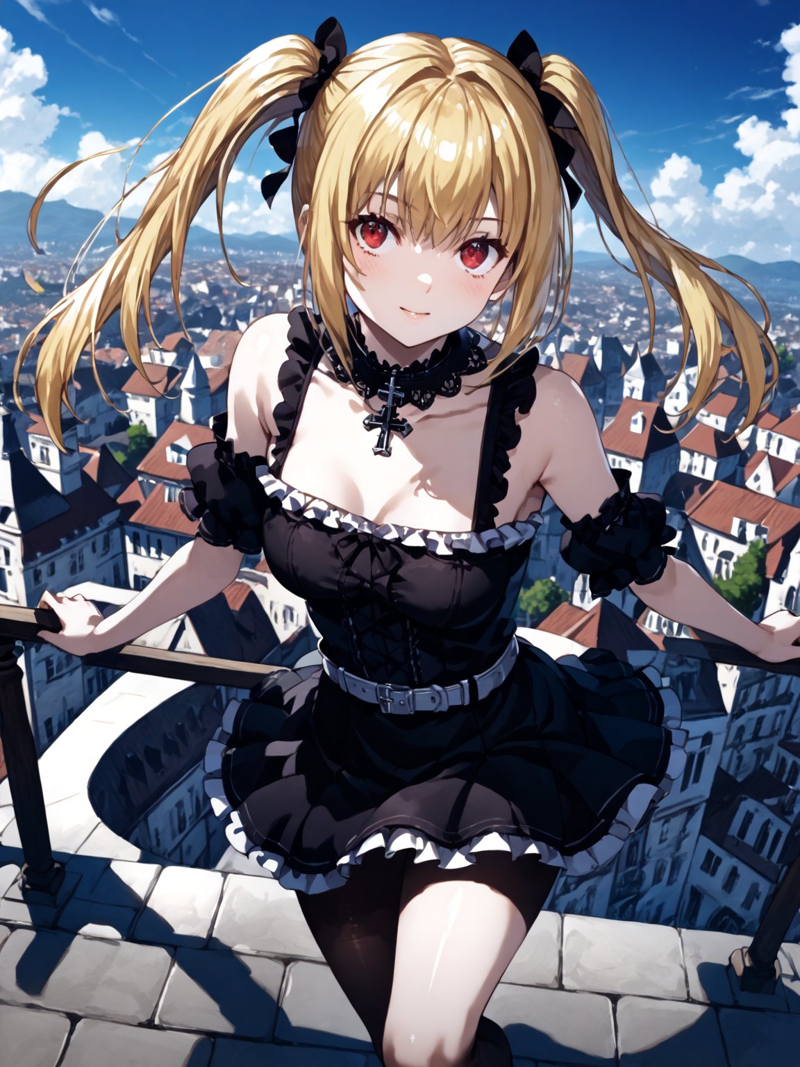 masterpiece, best quality, highres
,//Character, 
1girl, solo,AmaneMisa, twintails, blonde hair, red eyes, sidelocks
,//Fashion, 
black dress, sleeveless, bare shoulders, collarbone, choker, skirt, frills, belt, black pantyhose, cross
,//Background, 
,//Others, ,Expressiveh, 
A twin-tailed assassin girl perched on a rooftop, observing a medieval fantasy city at night.