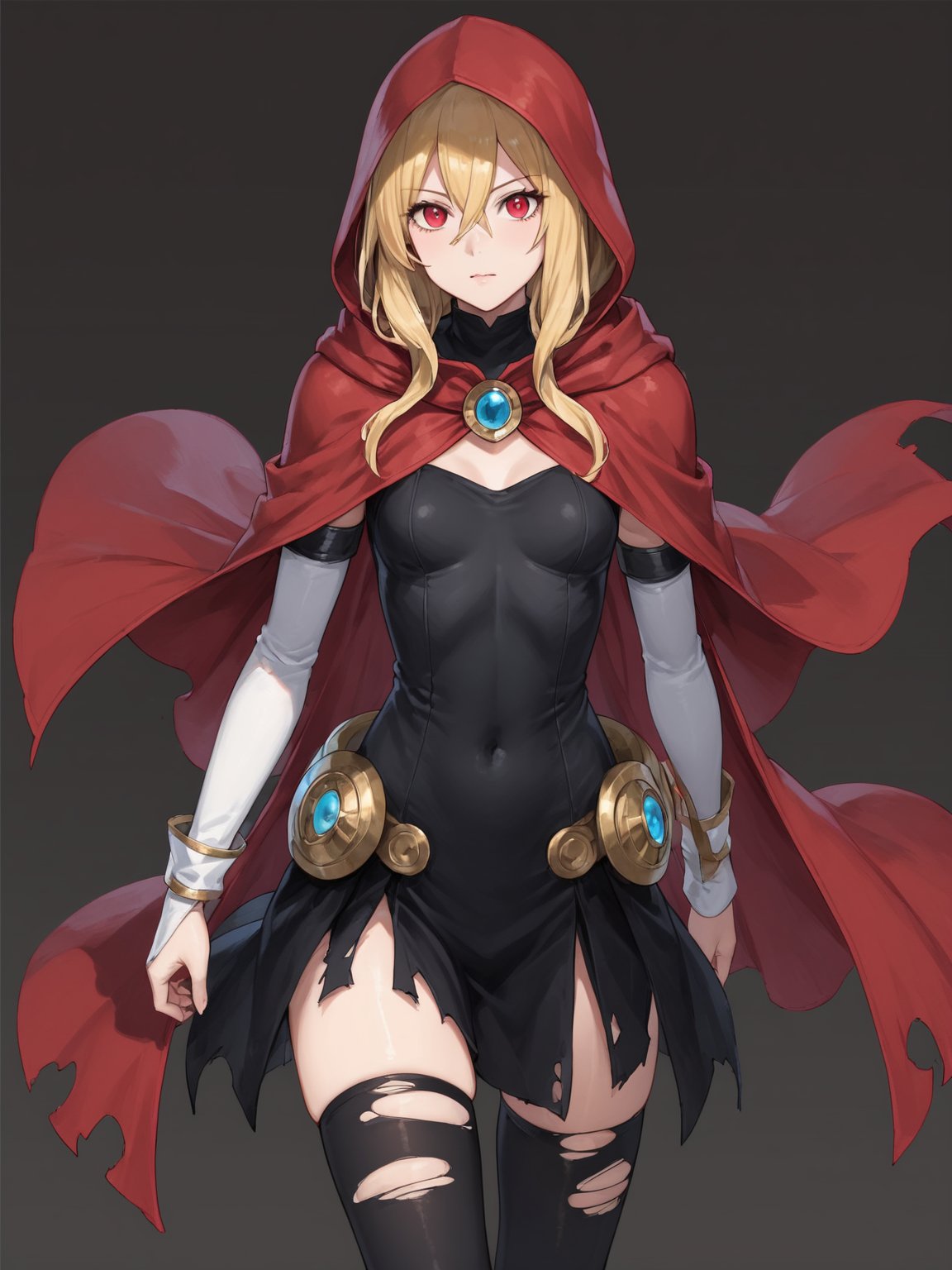 score_9,score_8_up,score_7_up,score_6_up, masterpiece, best quality, 8k, 8k UHD, ultra-high resolution, ultra-high definition, highres
,//Character, 
1girl, solo,Evileye \(overlord\), blonde hair, red eyes, hair between eyes, small breasts
,//Fashion, 
hood, black dress, torn clothes, covered navel, red cloak, hooded cloak, black thighhighs, torn thighhighs, 
hood up
,//Background, white_background
,//Others, ,Expressiveh,
dynamic pose, energy ball charging