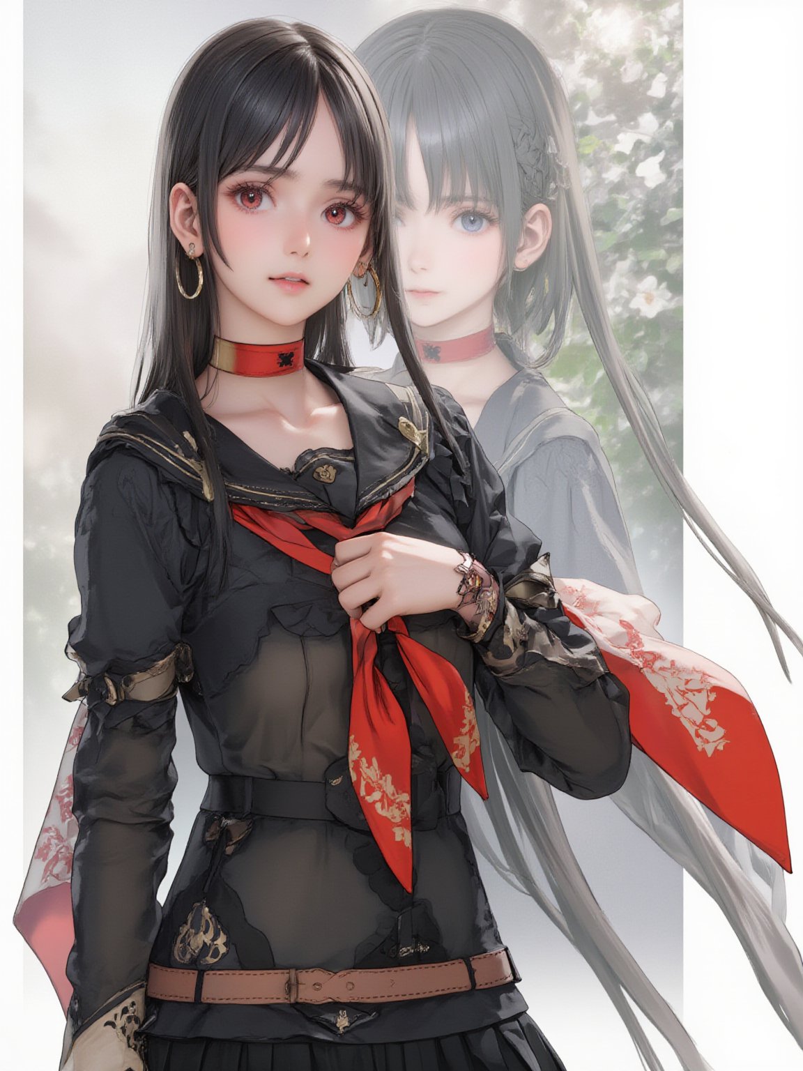 best quality, 8k, 8k UHD, ultra-high resolution, ultra-high definition, highres
,//Character, 
1girl, solo
,//Fashion, 
,//Background, 
,//Others, ,Expressiveh,
long hair, black hair, red eyes, hoop earrings, black serafuku, sailor collar, black shirt, red neckerchief, armband, pleated skirt, black skirt,2bEimi