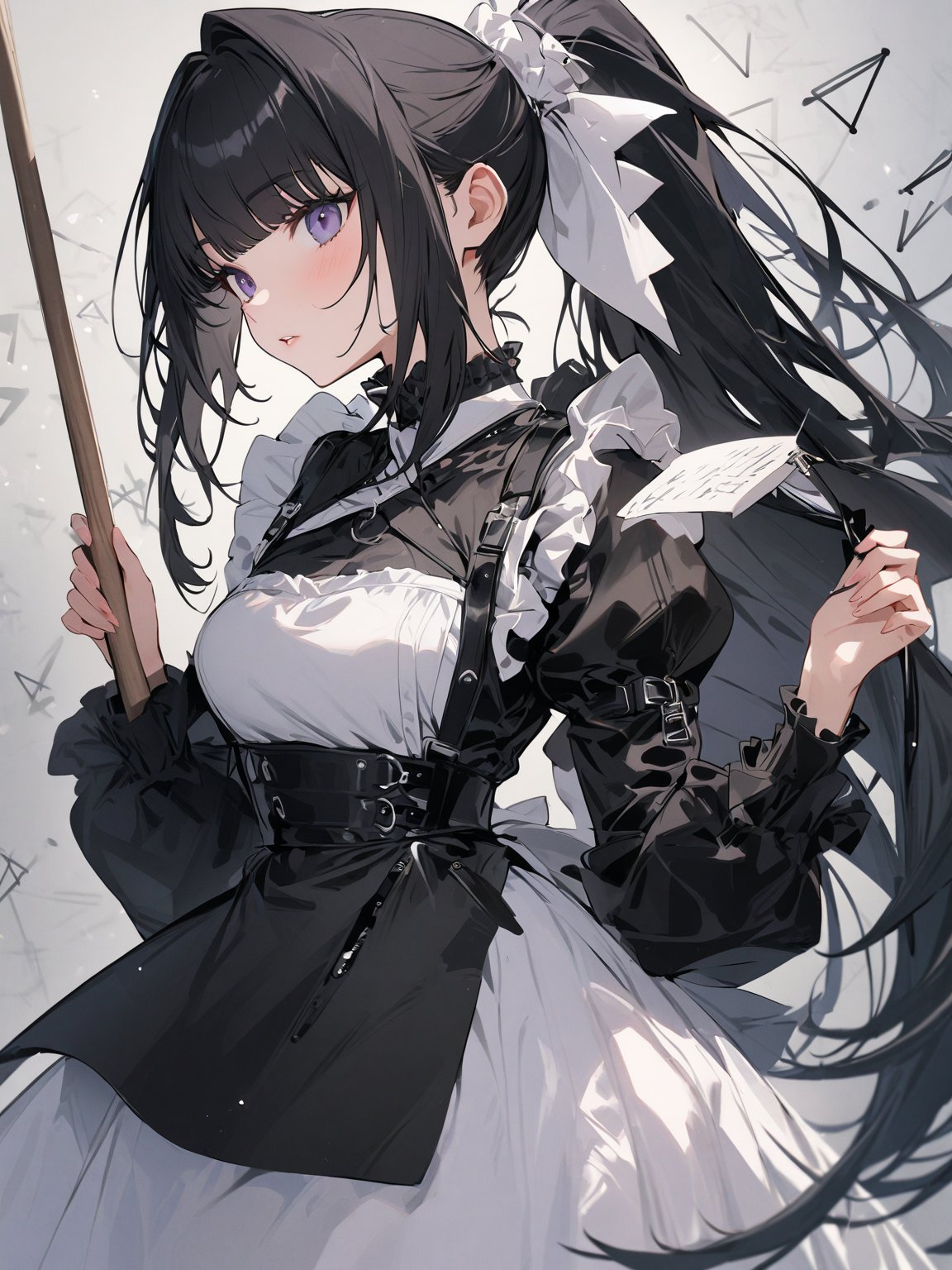 score_9,score_8_up,score_7_up,score_6_up, masterpiece, best quality, highres
,//Character, 
1girl,narberal gamma \(overlord\), long hair, black hair, glay eyes, bangs, ponytail, medium breats
,//Fashion, 
maid
,//Background, 
,//Others, ,Expressiveh, 
A girl riding a giant pencil like a witch's broomstick, soaring through a sky filled with floating mathematical equations.