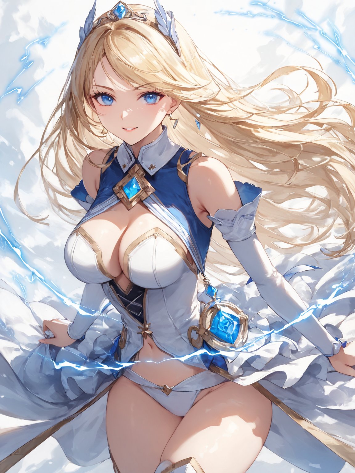 masterpiece, best quality, 8k, 8k UHD, ultra-high resolution, ultra-high definition, highres
,//Character, 
1girl, solo, long hair, blonde hair, blue eyes
,//Fashion, 

,//Background, white_background
,//Others, ,Expressiveh, 
lightning magic charging