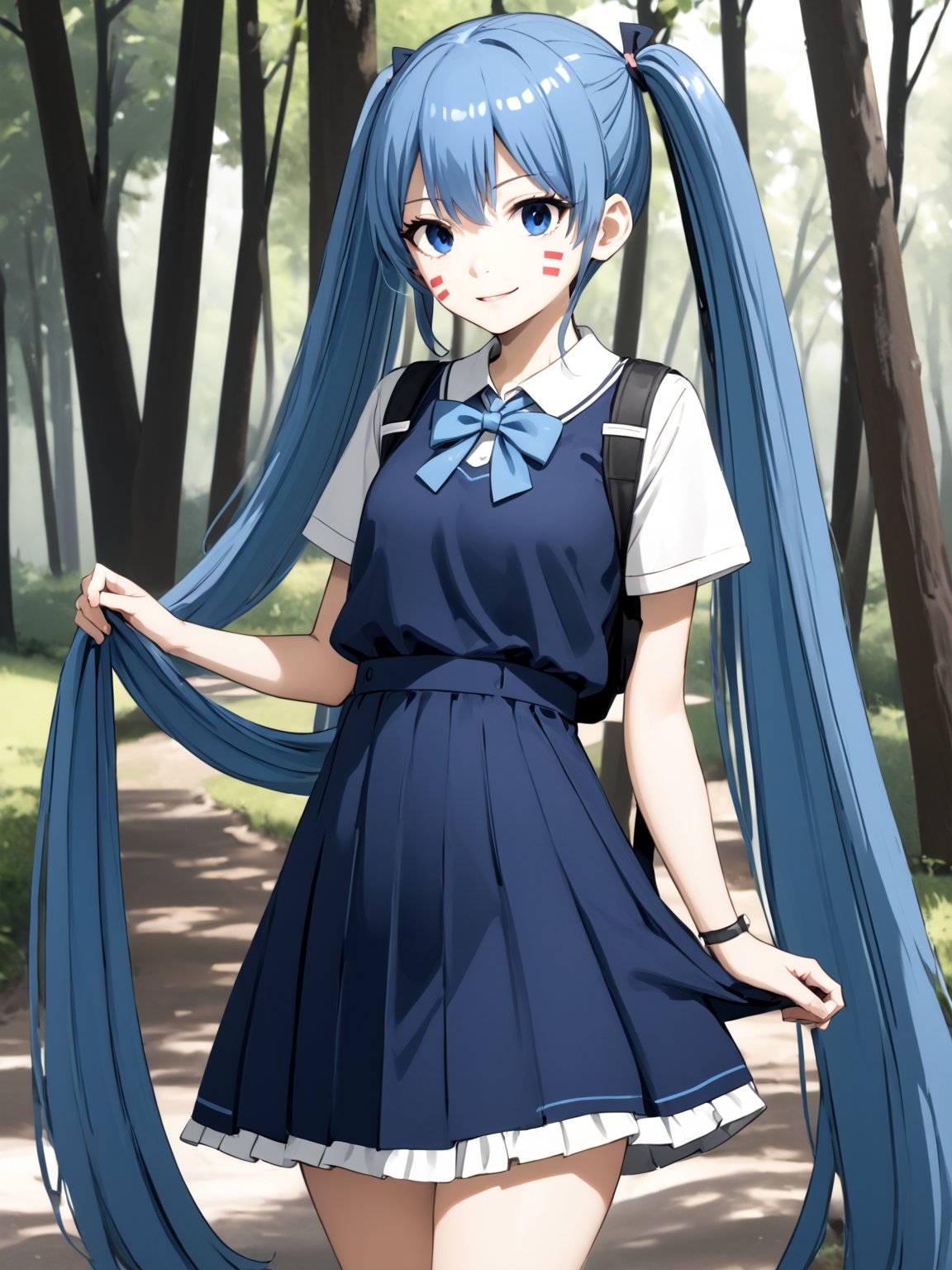 best quality, 8k, 8k UHD, ultra-high resolution, ultra-high definition, highres
,//Character, 
1girl, solo, hermit mio, long hair, blue hair, twintails, blue eyes, facial mark
,//Fashion, 
school_uniform
,//Background, 
,//Others, ,Expressiveh,
A young girl with long brown hair and bright eyes, standing at the edge of a magical forest. She's wearing a simple dress and holding a small backpack. Sunlight filters through the trees, creating a mystical atmosphere. The girl looks excited and slightly nervous.