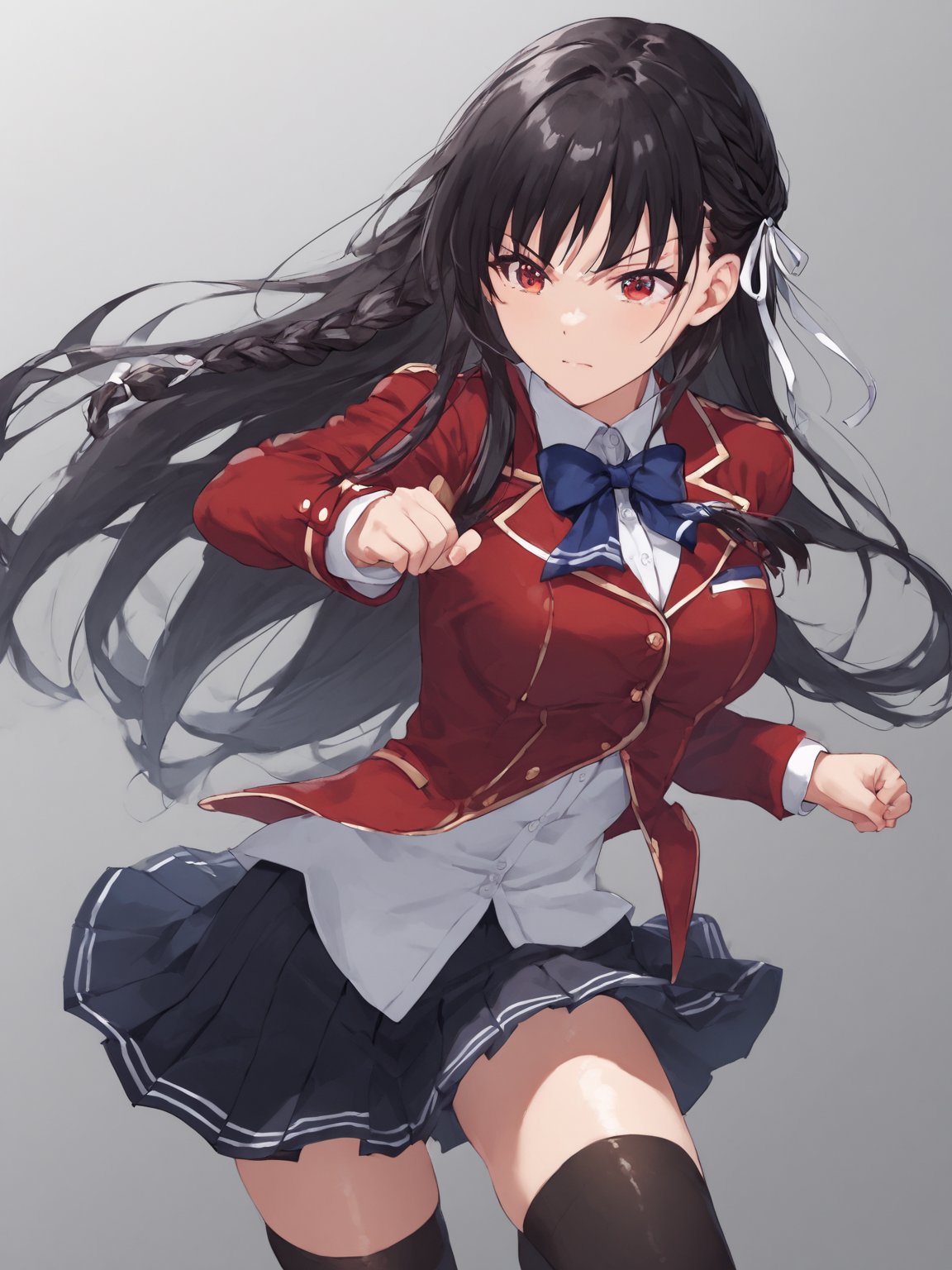 score_9,score_8_up,score_7_up,score_6_up, masterpiece, best quality, 8k, 8k UHD, ultra-high resolution, ultra-high definition, highres
,//Character, 
1girl, solo, long hair, black hair, shiny hair, red eyes, bangs, braid
,//Fashion, 
school uniform, red jacket, hair ribbon, white shirt, pleated skirt, thighhighs
,//Background, white_background
,//Others, ,Expressiveh,
fighting stance, dynamic pose,suzune horikita