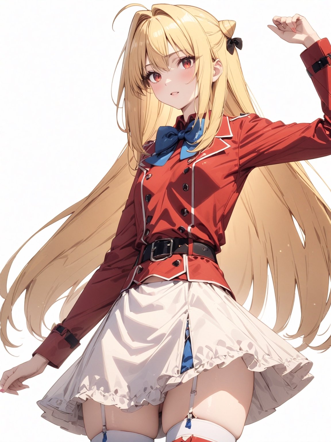 //Quality, masterpiece, best quality, detailmaster2, 8k, 8k UHD, ultra detailed, ultra-high resolution, ultra-high definition, highres, 
//Character, 1girl, solo,Terakomari, long hair, blonde hair, red eyes, ahoge, 
//Fashion, red coat, belt buckle, blue bowtie, long sleeves, white skirt, bow, white thighhighs, garter straps, boots, 
//Background, white background, 
//Others, 