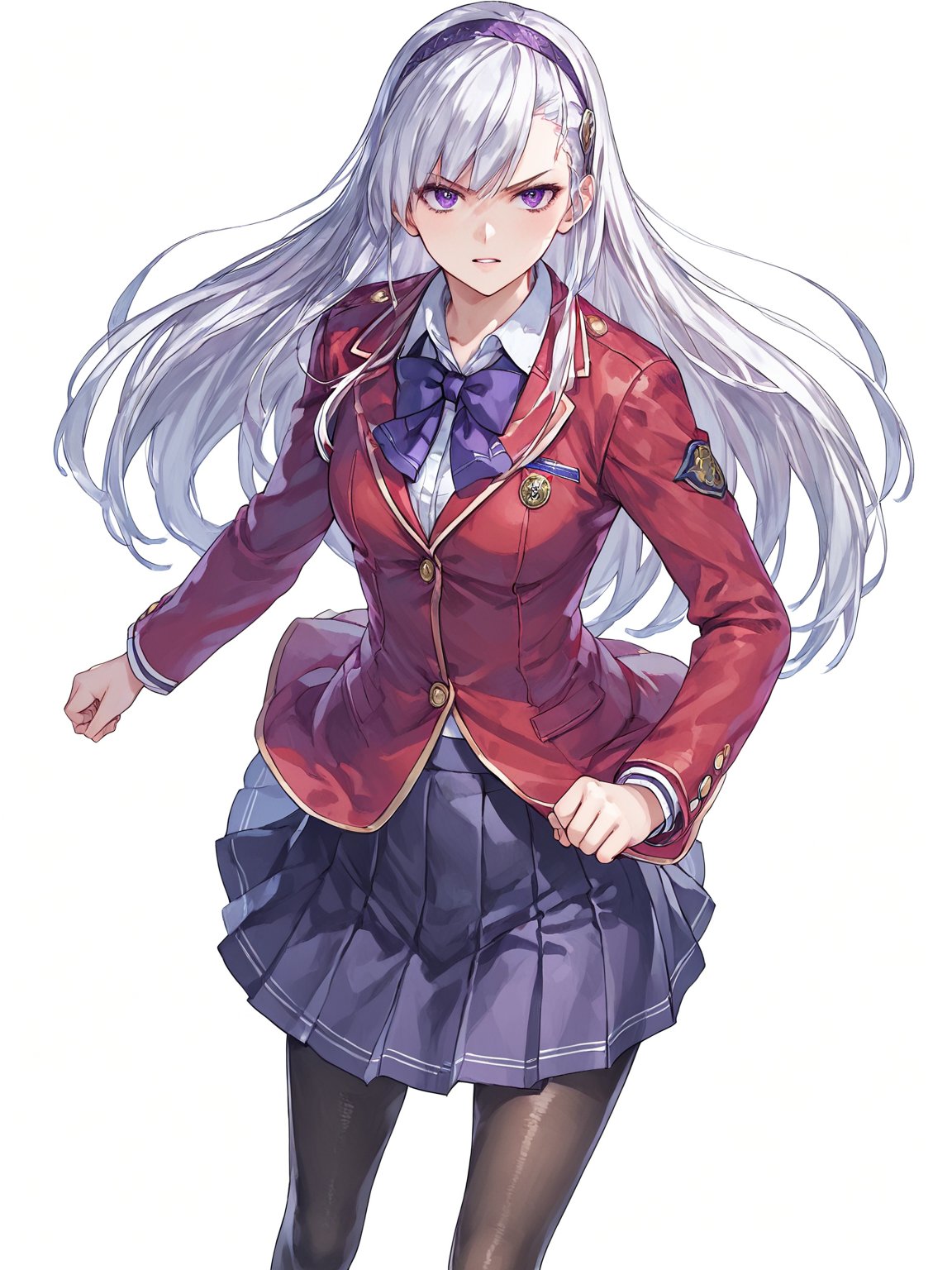 score_9,score_8_up,score_7_up,score_6_up, masterpiece, best quality, 8k, 8k UHD, ultra-high resolution, ultra-high definition, highres
,//Character, 
1girl, solo, long hair, white hair, purple eyes
,//Fashion, 
school uniform, red jacket, pantyhose, pleated skirt, hairband
,//Background, white_background
,//Others, ,Expressiveh,
fighting stance, dynamic pose