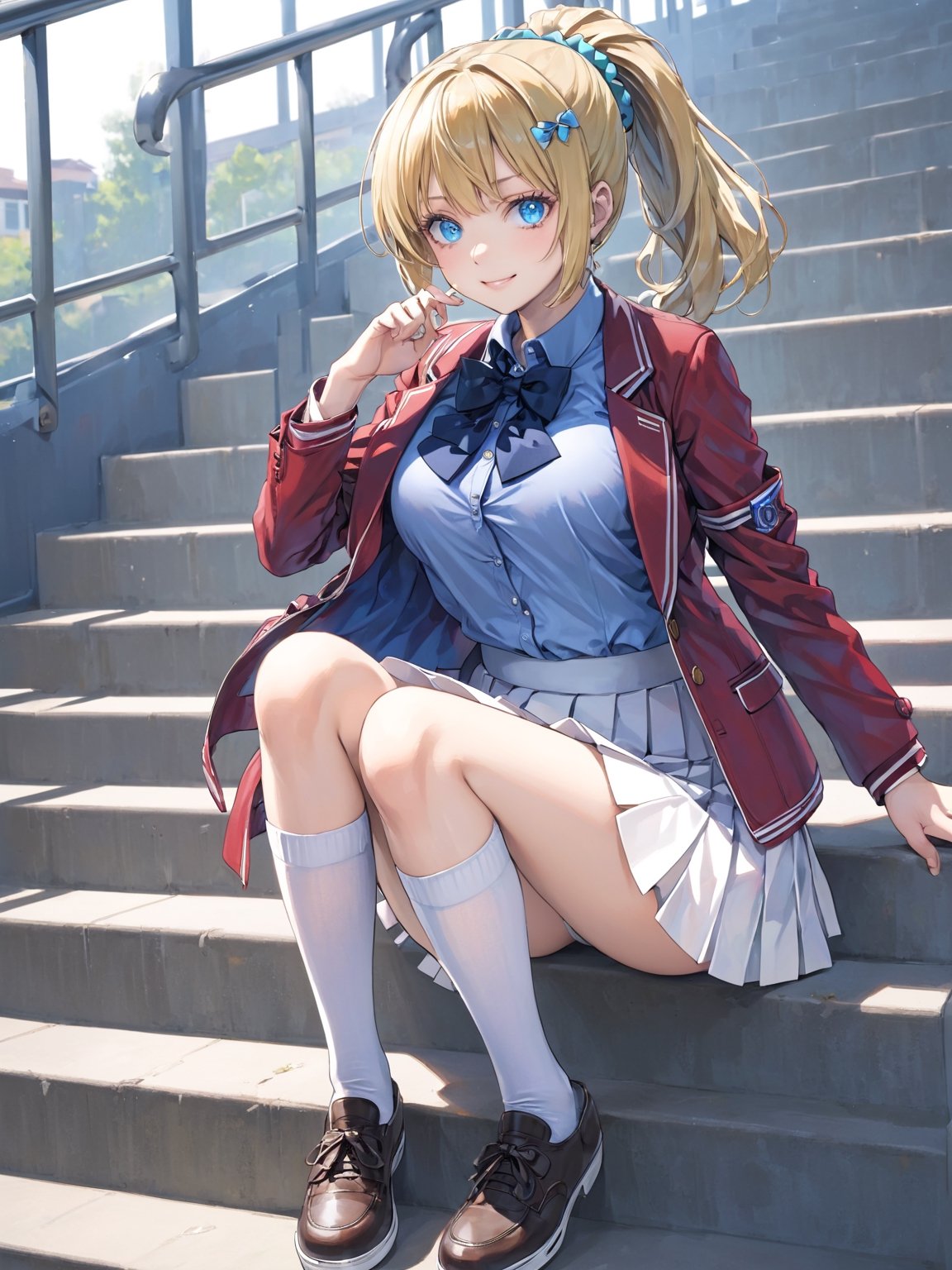 //Quality,
masterpiece, best quality, detailed
,//Character,
1girl, solo,KaruizawaKei, 1girl, blue eyes, blonde hair, ponytail, bangs, breasts, hair ornament
,//Fashion,
school uniform, red jacket, open jacket, hair scrunchie, bowtie, white skirt, pleated skirt, kneehighs, white socks, shoes
,//Background,
school stairs
,//Others,
sitting, smile