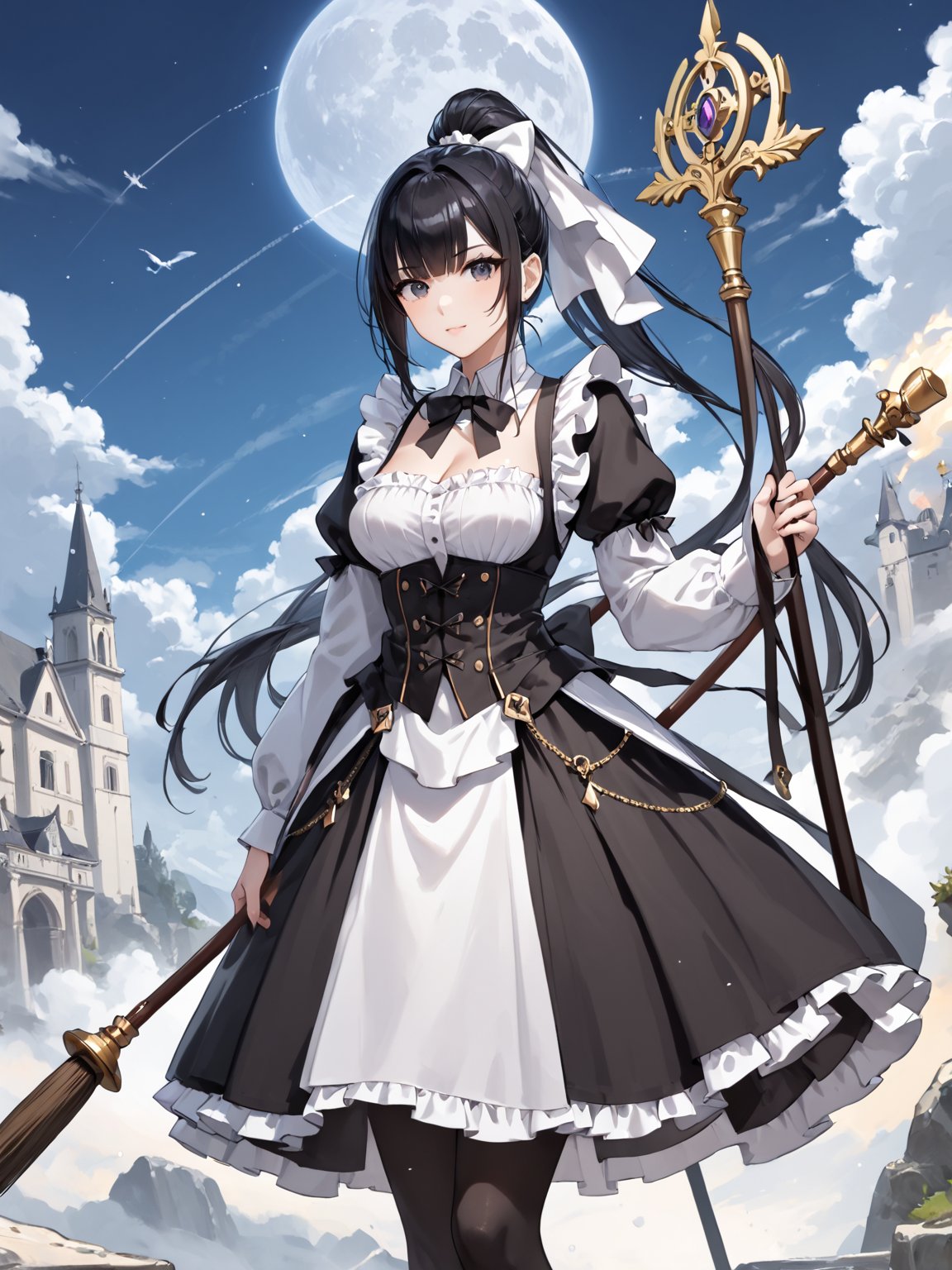 score_9,score_8_up,score_7_up,score_6_up, masterpiece, best quality, highres
,//Character, 
1girl,narberal gamma \(overlord\), long hair, black hair, glay eyes, bangs, ponytail, medium breats
,//Fashion, 
maid
,//Background, 
,//Others, ,Expressiveh, 
A girl riding a giant pencil like a witch's broomstick, soaring through a sky filled with floating mathematical equations.