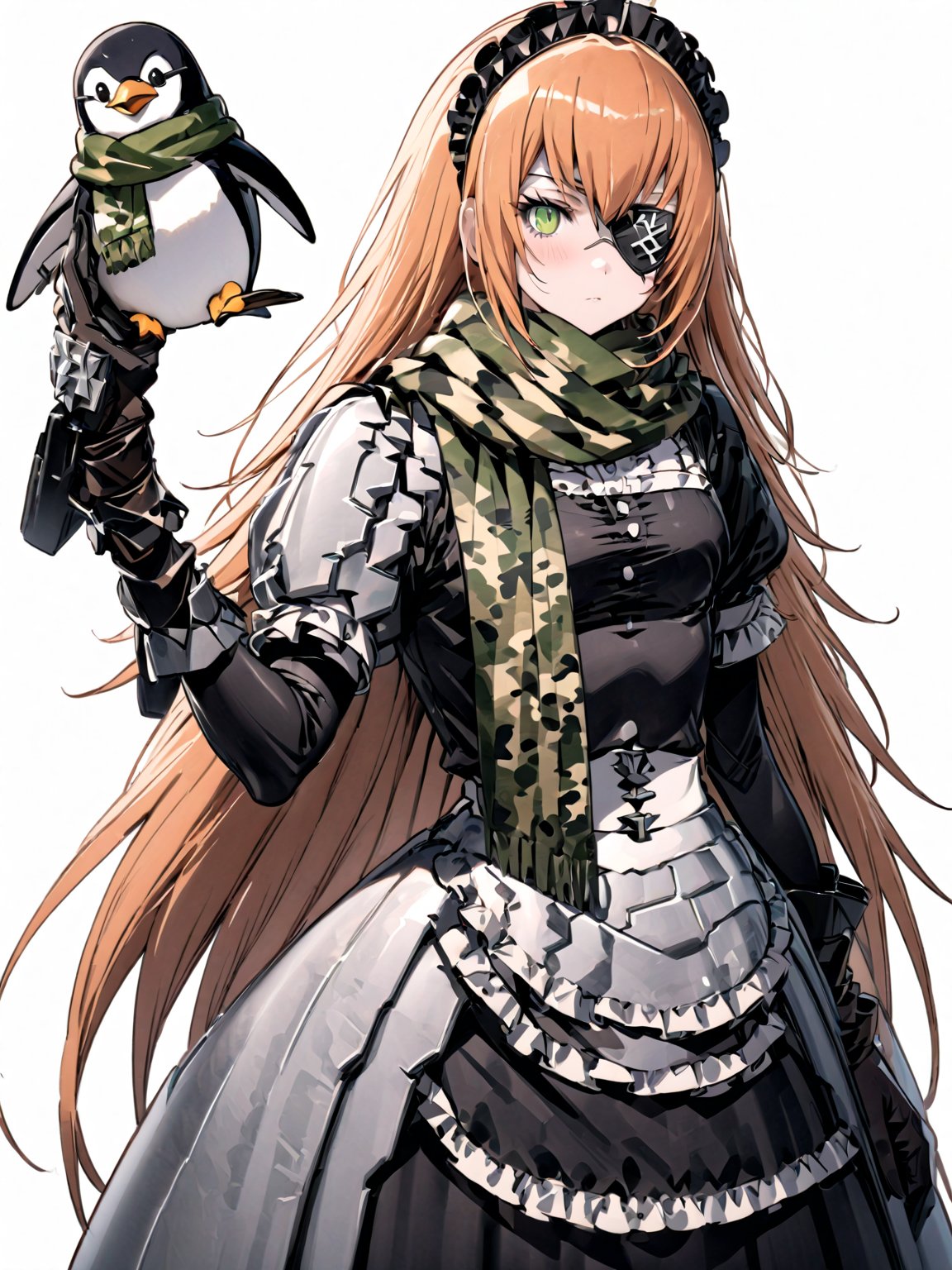 score_9,score_8_up,score_7_up,score_6_up, masterpiece, best quality
,//Character, 
1girl, solo,cz2128_delta \(overlord\), long hair, green eyes, orange hair, eyepatch
,//Fashion, 
maid, maid headdress, camouflage, green scarf, gloves, dress, armor
,//Background, white_background
,//Others,
(holding large Stuffed Penguin:1.3)