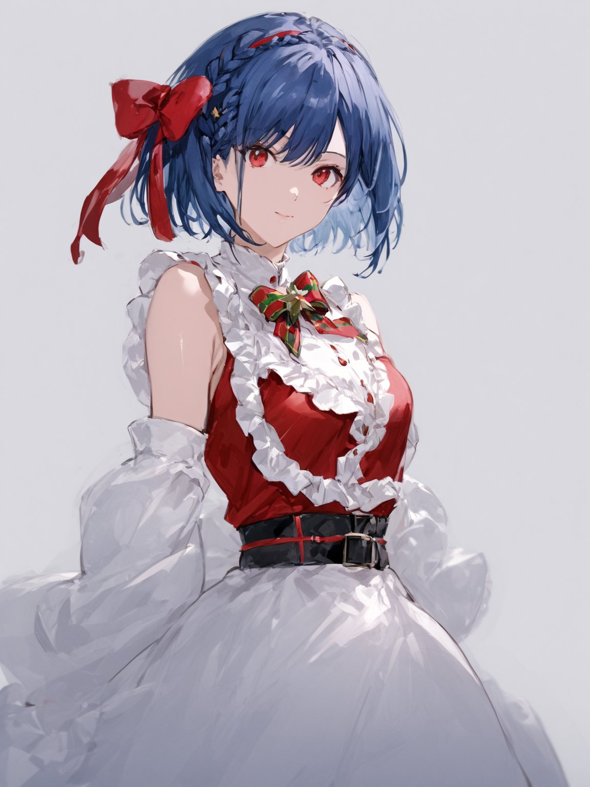 score_9,score_8_up,score_7_up,score_6_up, masterpiece, best quality, highres
,//Character, 
1girl, solo, short hair, blue hair, shiny hair, red eyes, bangs, braid
,//Fashion, 
santa_costume, hair ribbon
,//Background, white_background
,//Others, ,Expressiveh,
dynamic pose