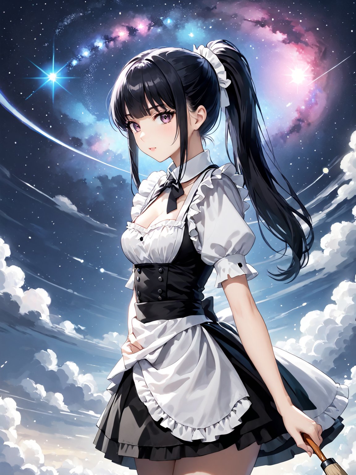 score_9,score_8_up,score_7_up,score_6_up, masterpiece, best quality, highres
,//Character, 
1girl,narberal gamma \(overlord\), long hair, black hair, glay eyes, bangs, ponytail, medium breats
,//Fashion, 
maid
,//Background, 
,//Others, ,Expressiveh, 
painting, stroke, night sky, gigantic paintbrush, creating stars and galaxies