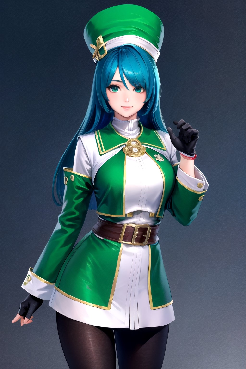 //Character, 1girl, solo,MariaTraitor_SO3, green eyes, long hair, blue hair, 
//Fashion, , gloves, pantyhose, 
//Background, simple background, 
//Quality, (masterpiece), best quality, ultra-high resolution, ultra-high definition, highres, intricate, intricate details, absurdres, highly detailed, finely detailed, ultra-detailed, ultra-high texture quality, natural lighting, natural shadow, dramatic shading, dramatic lighting, vivid colour, perfect hands, perfect fingers, perfect anatomy, 
//Others, smile, Saint Patrick's Day, clover hat