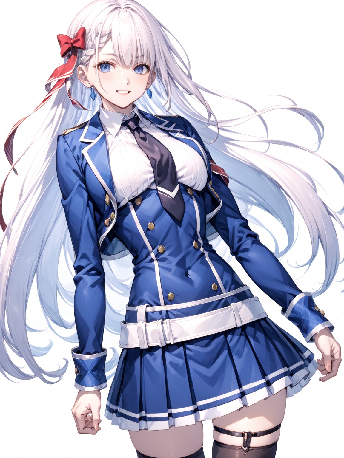 score_9,score_8_up,score_7_up,score_6_up, masterpiece, best quality
,//Character, 
1girl, solo,RiseliaRayCrystalia, very long hair, white hair, braid, blue eyes, medium breasts
,//Fashion, 
earrings, red hair bow, long sleeves, white shirt, collared shirt, black necktie, blue jacket, blue skirt, pleated skirt, black thighhighs, belt
,//Background, white_background
,//Others,
(making a V sign), smile