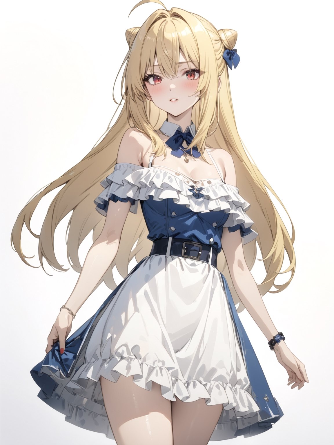 //Quality, masterpiece, best quality, detailmaster2, 8k, 8k UHD, ultra detailed, ultra-high resolution, ultra-high definition, highres, 
//Character, 1girl, solo,Terakomari, long hair, blonde hair, red eyes, ahoge, 
//Fashion, frills, off shoulder, hair bun, white dress, see-through, off-shoulder dress,
//Background, white background, 
//Others, 