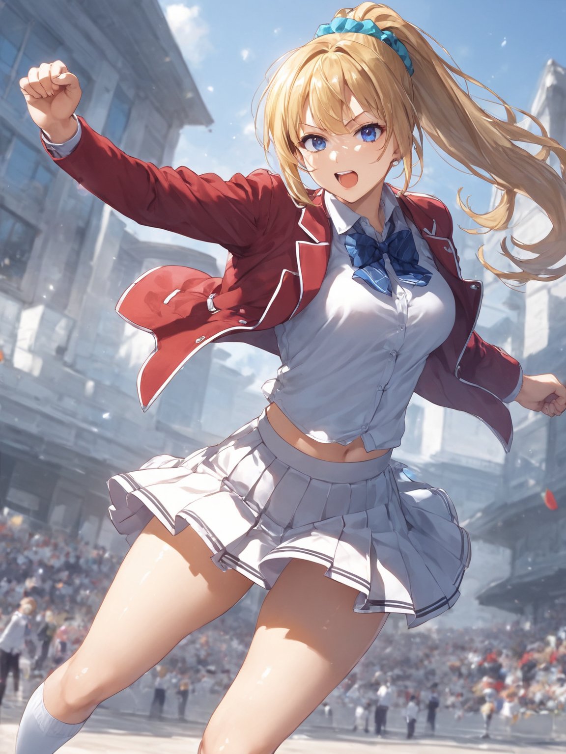 score_9,score_8_up,score_7_up,score_6_up, masterpiece, best quality, 8k, 8k UHD, ultra-high resolution, ultra-high definition, highres
,//Character, 
1girl, solo,KaruizawaKei, blue eyes, blonde hair, ponytail, bangs, breasts, hair ornament
,//Fashion, 
school uniform, red jacket, open jacket, hair scrunchie, bowtie, white skirt, pleated skirt, kneehighs
,//Background, white_background
,//Others, ,Expressiveh,
fighting stance, dynamic pose