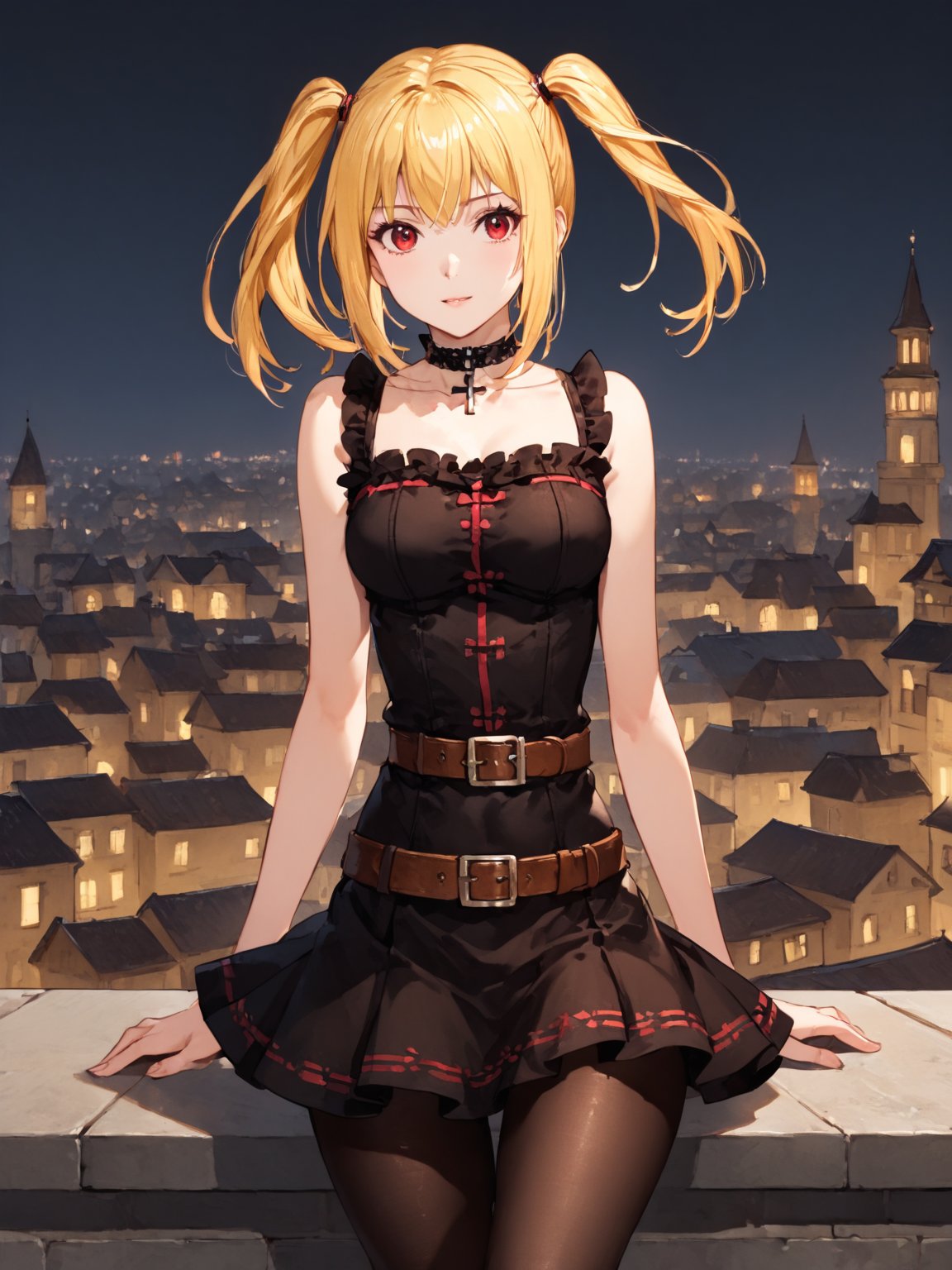 masterpiece, best quality, highres
,//Character, 
1girl, solo,AmaneMisa, twintails, blonde hair, red eyes, sidelocks
,//Fashion, 
black dress, sleeveless, bare shoulders, collarbone, choker, skirt, frills, belt, black pantyhose, cross
,//Background, 
,//Others, ,Expressiveh, 
A twin-tailed assassin girl perched on a rooftop, observing a medieval fantasy city at night.