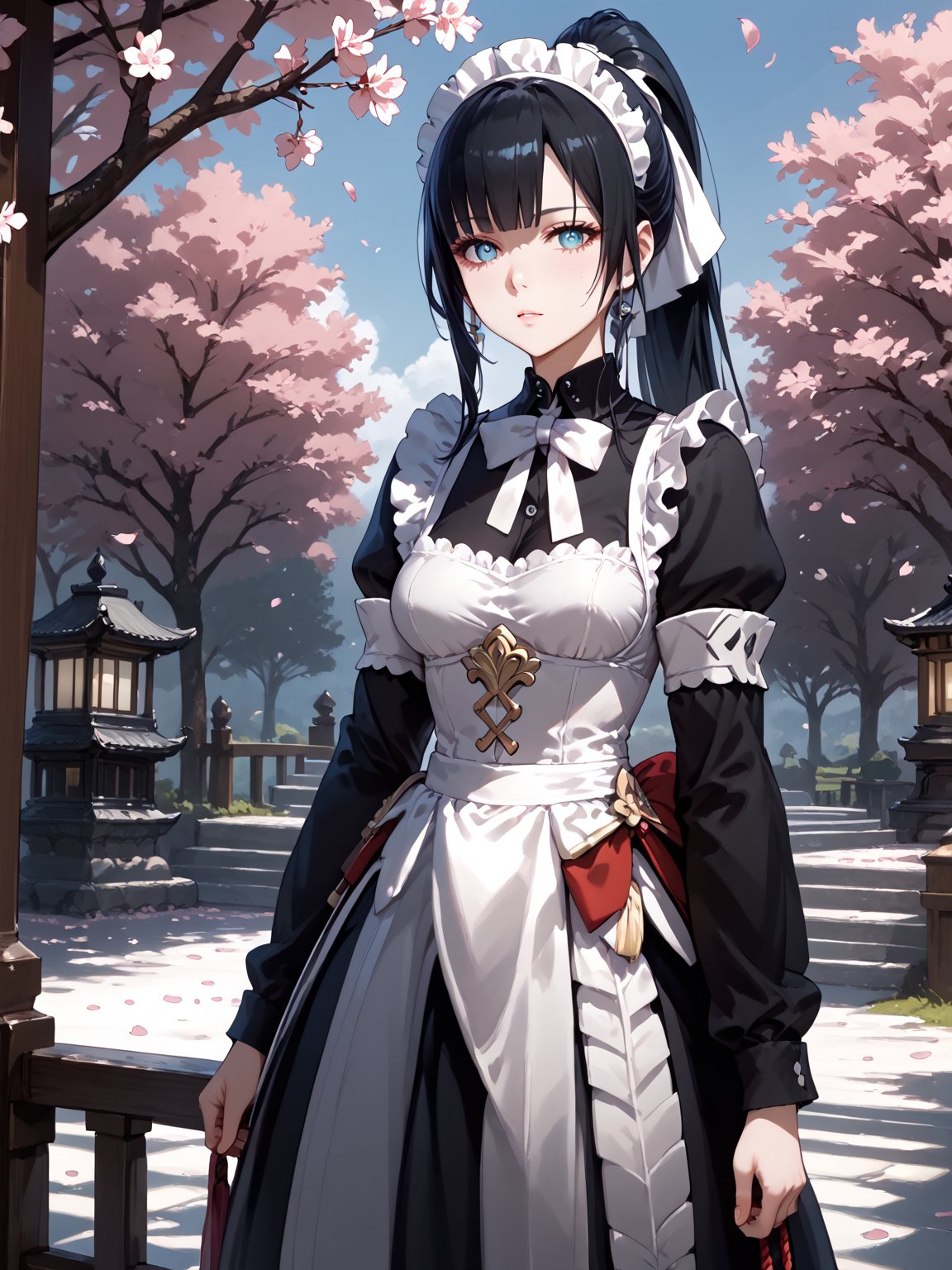 score_9,score_8_up,score_7_up,score_6_up, masterpiece, best quality, highres
,//Character, 
1girl,narberal gamma \(overlord\), long hair, black hair, glay eyes, bangs, ponytail, medium breats
,//Fashion, 
maid
,//Background, 
,//Others, ,Expressiveh, 
A shy schoolgirl peeking from behind a cherry blossom tree, soft petals falling around her.