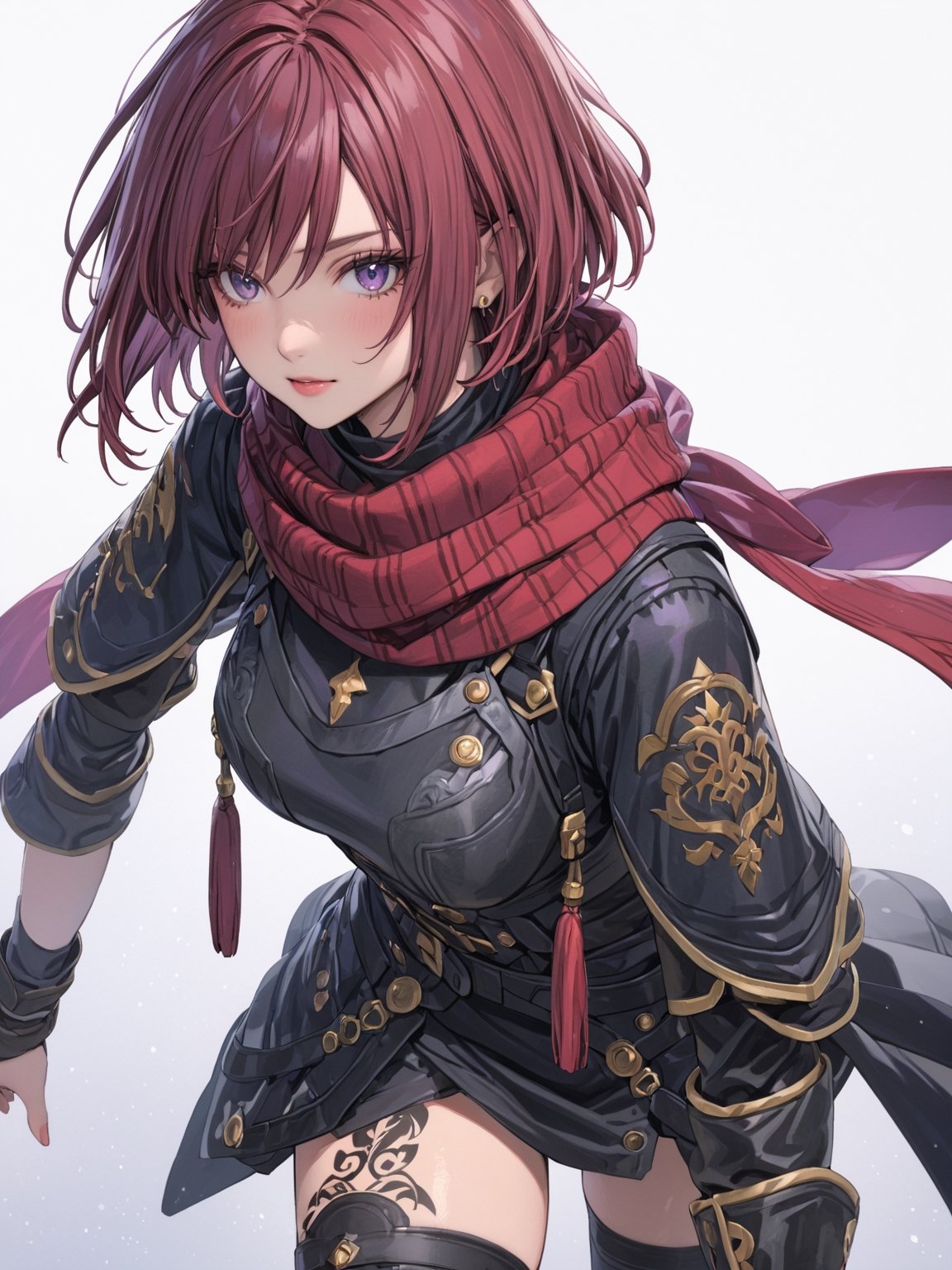 //Quality, masterpiece, best quality, detailmaster2, 8k, 8k UHD, ultra detailed, ultra-high resolution, ultra-high definition, highres, 
//Character, 1girl, solo, NelZelpher_SO3, purple eyes, short hair, red hair, tattoo,
//Fashion, black thighhighs, scarf, 
//Background, white background, 
//Others, 