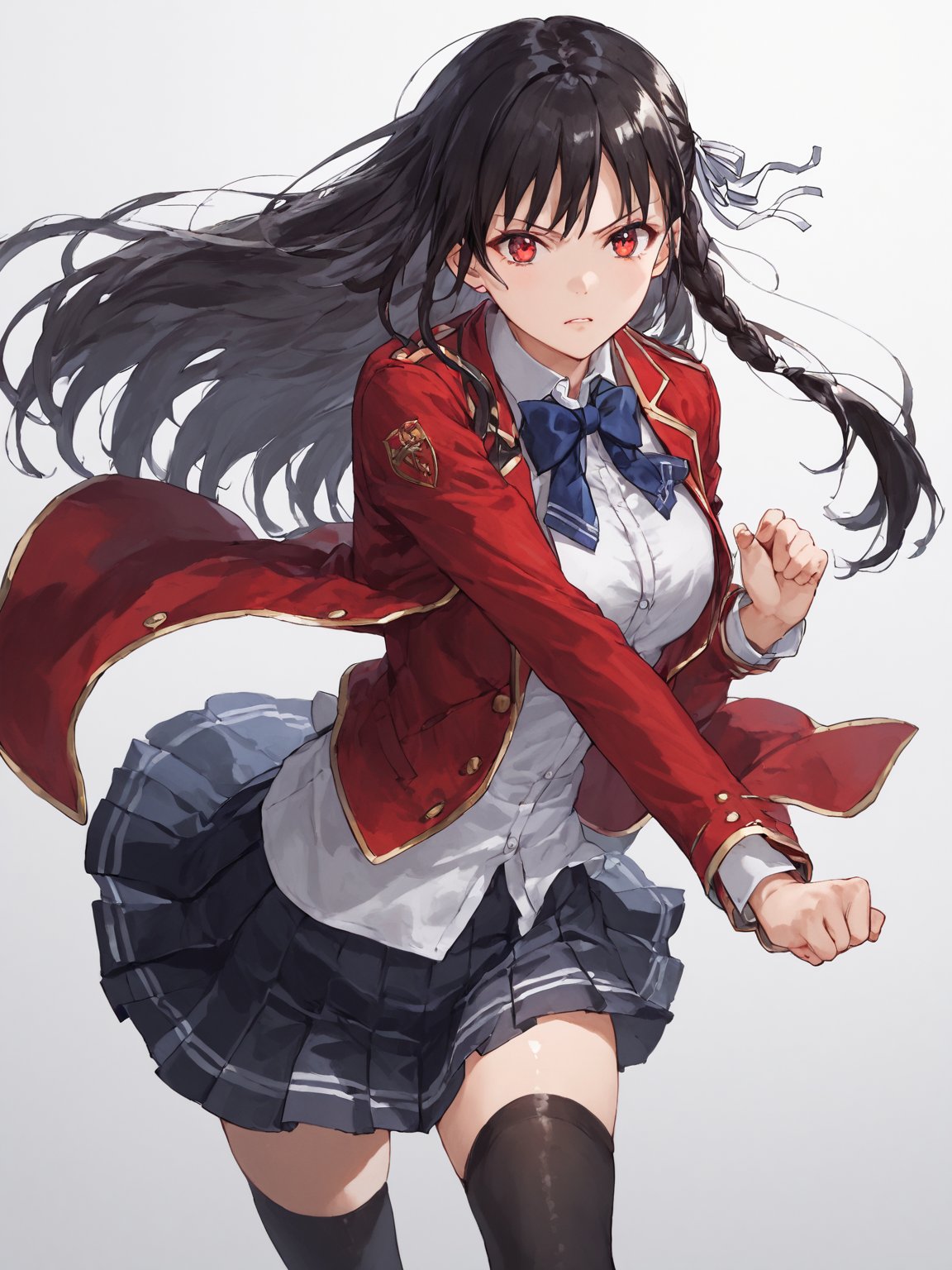 score_9,score_8_up,score_7_up,score_6_up, masterpiece, best quality, 8k, 8k UHD, ultra-high resolution, ultra-high definition, highres
,//Character, 
1girl, solo, long hair, black hair, shiny hair, red eyes, bangs, braid
,//Fashion, 
school uniform, red jacket, hair ribbon, white shirt, pleated skirt, thighhighs
,//Background, white_background
,//Others, ,Expressiveh,
fighting stance, dynamic pose,suzune horikita