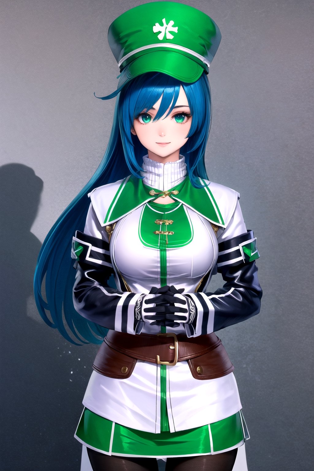 //Character, 1girl, solo,MariaTraitor_SO3, green eyes, long hair, blue hair, 
//Fashion, , gloves, pantyhose, 
//Background, simple background, 
//Quality, (masterpiece), best quality, ultra-high resolution, ultra-high definition, highres, intricate, intricate details, absurdres, highly detailed, finely detailed, ultra-detailed, ultra-high texture quality, natural lighting, natural shadow, dramatic shading, dramatic lighting, vivid colour, perfect hands, perfect fingers, perfect anatomy, 
//Others, smile, Saint Patrick's Day, clover hat