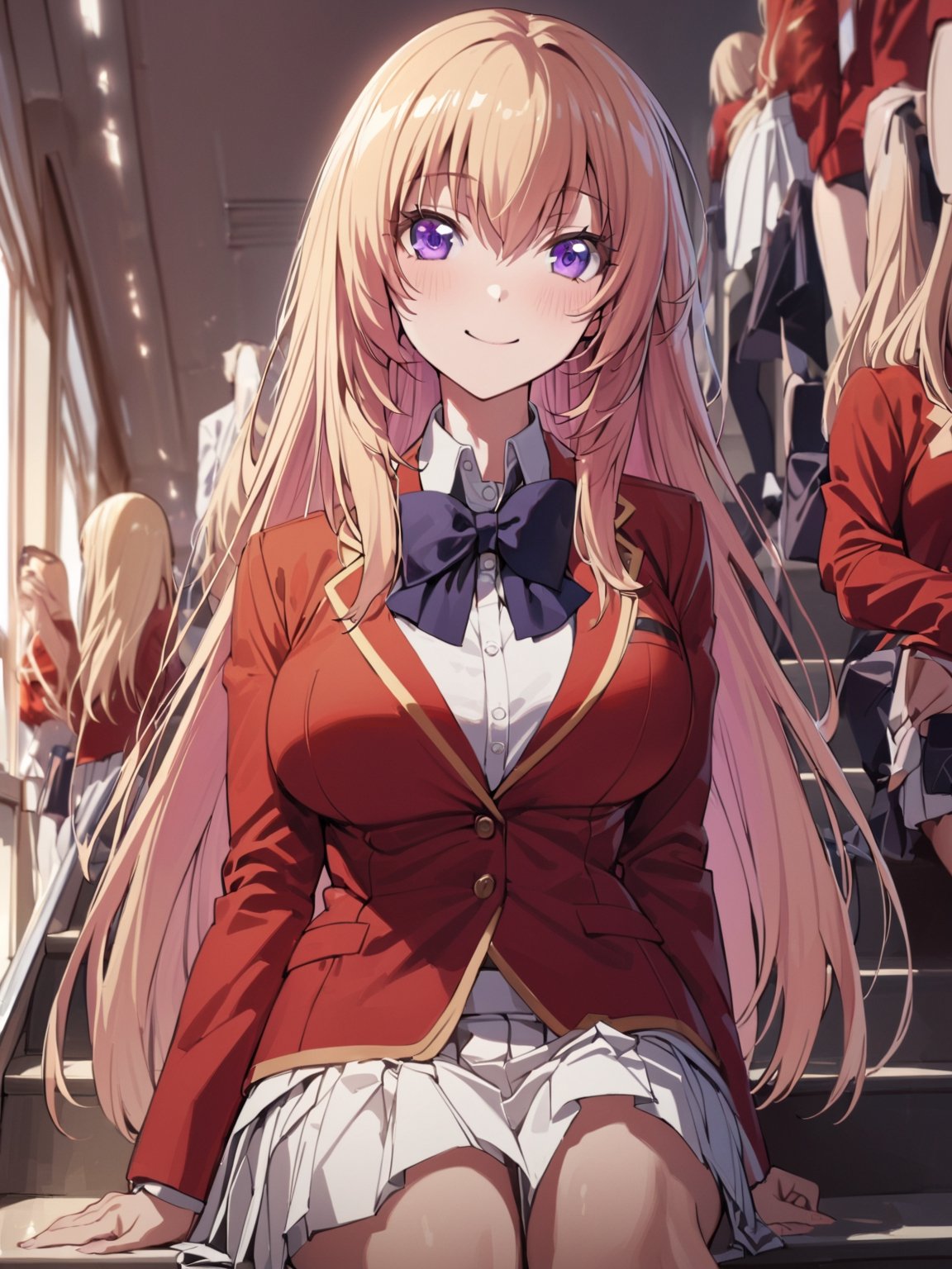 //Quality,
masterpiece, best quality, detailed
,//Character,
1girl, solo,ichinose honami, purple eyes , long hair, blonde hair
,//Fashion,
, school uniform, bow tie, red jacket, white skirt, pleated skirt
,//Background,
school stairs
,//Others,
sitting, smile