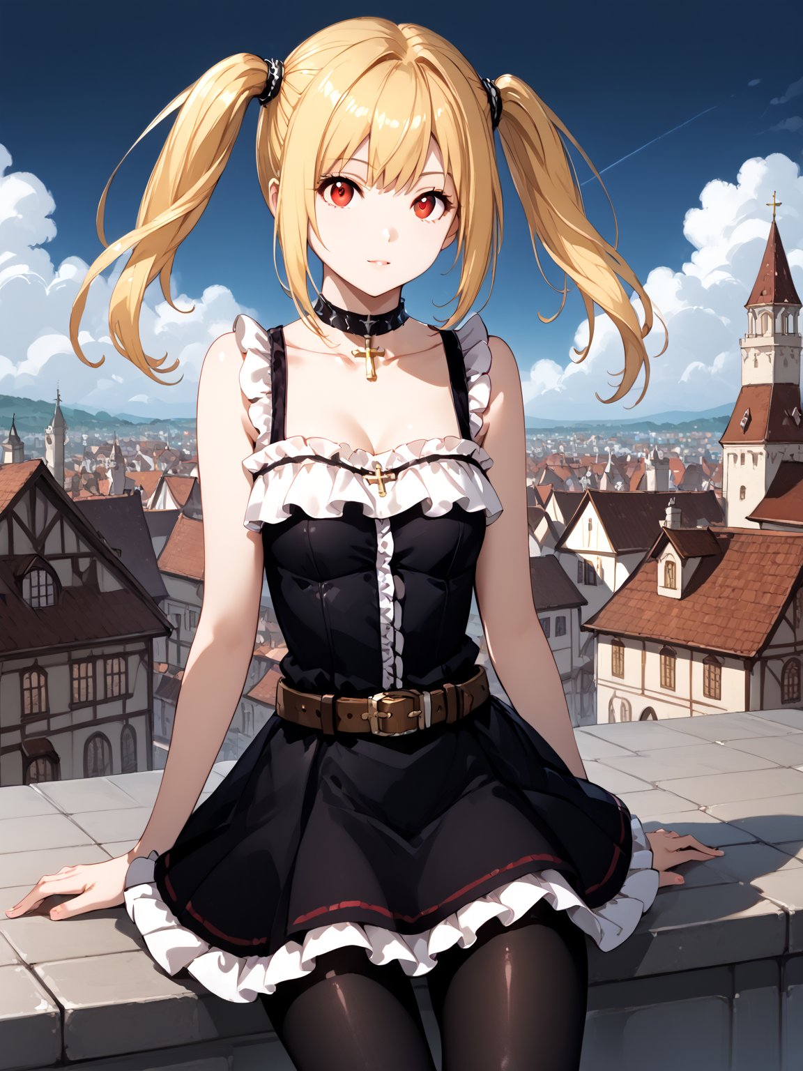 masterpiece, best quality, highres
,//Character, 
1girl, solo,AmaneMisa, twintails, blonde hair, red eyes, sidelocks
,//Fashion, 
black dress, sleeveless, bare shoulders, collarbone, choker, skirt, frills, belt, black pantyhose, cross
,//Background, 
,//Others, ,Expressiveh, 
A twin-tailed assassin girl perched on a rooftop, observing a medieval fantasy city at night.