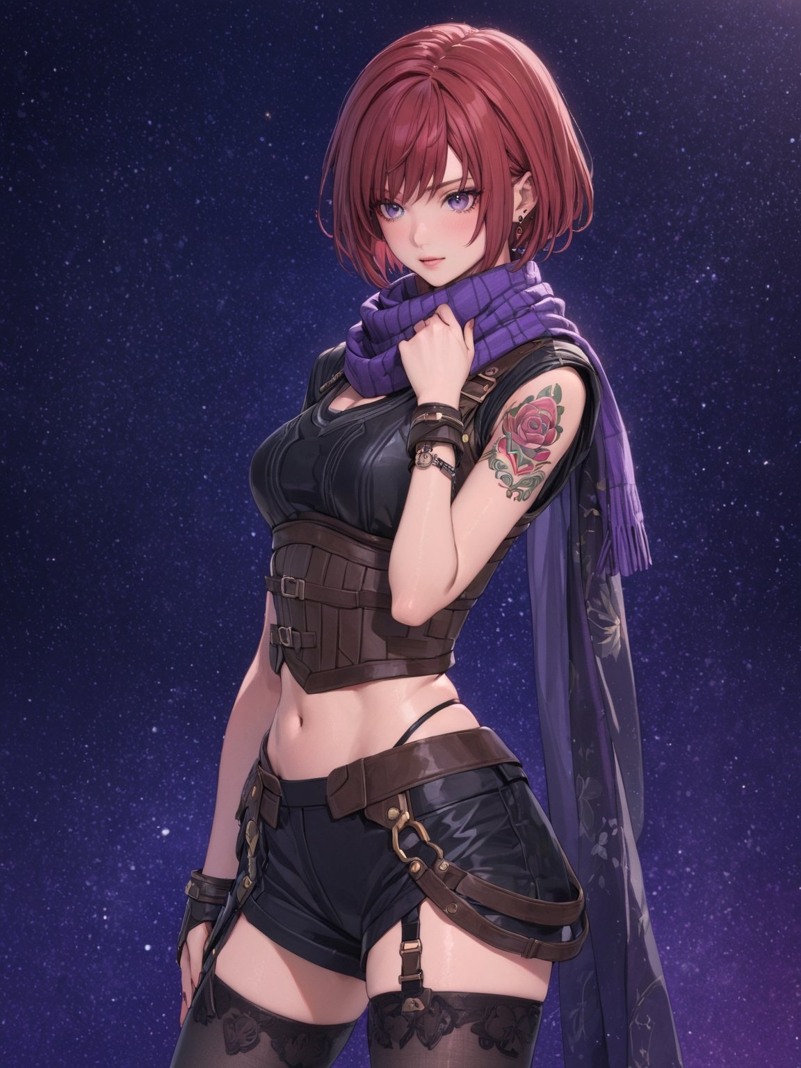 //Quality, masterpiece, best quality, detailmaster2, 8k, 8k UHD, ultra detailed, ultra-high resolution, ultra-high definition, highres, 
//Character, 1girl, solo, NelZelpher_SO3, purple eyes, short hair, red hair, tattoo,
//Fashion, black thighhighs, scarf, 
//Background, white background, 
//Others, 