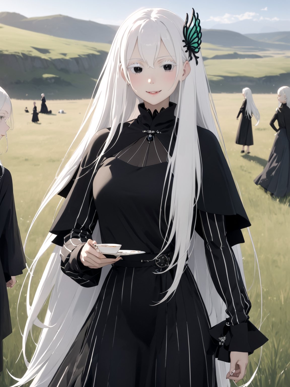 //Quality,
masterpiece, best quality, detailed
,//Character,
solo,echidna_rezero, 1girl, very long hair, white hair, black eyes, colored eyelashes
,//Fashion,
long sleeves, striped, black dress, long dress, hair ornament, black capelet
,//Background,
grassland, tea time
,//Others,
smile