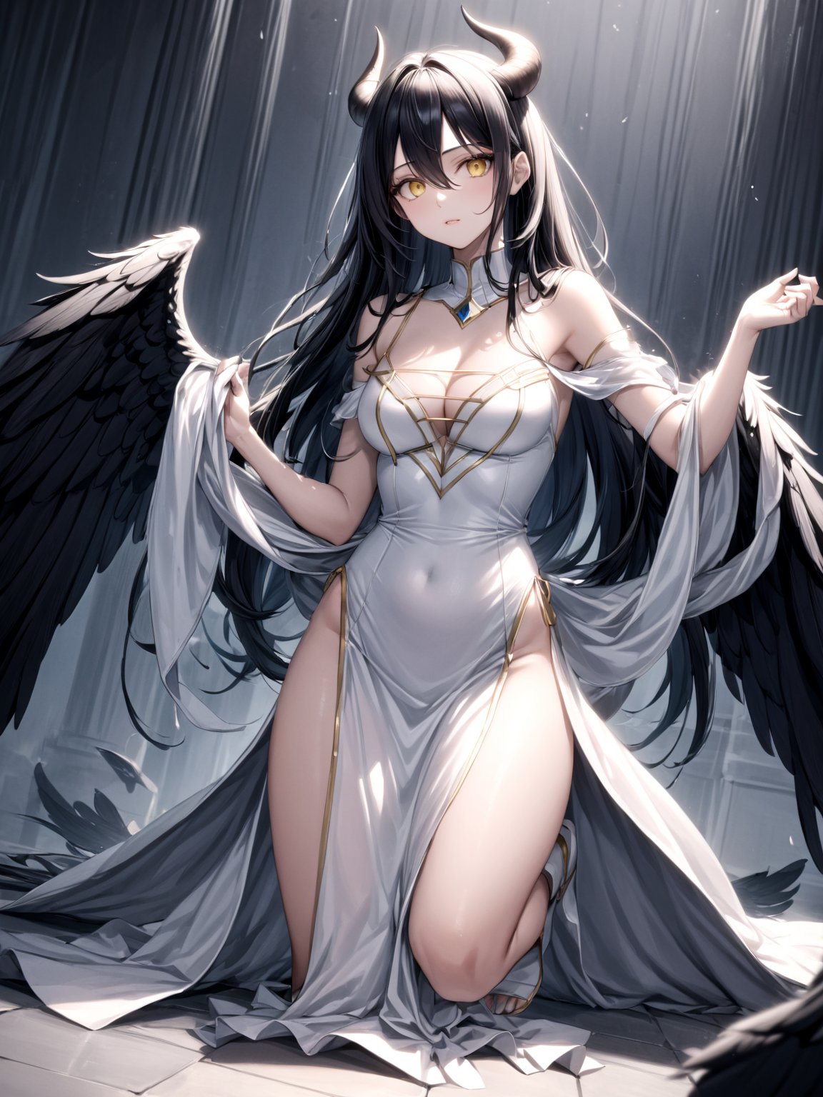 masterpiece, best quality, highres
,//Character, 
1girl, solo,albedo \(overlord\), long hair, black hair, hair between eyes, yellow eyes, horns, ahoge, black wings, feathered wings, low wings
,//Fashion, 
white gloves, white dress, bare shoulders, detached collar, cleavage, slit pupils
,//Background, 
,//Others, ,Expressiveh, 
A young priestess kneeling before a dark altar, surrounded by ominous statues and flickering candles.