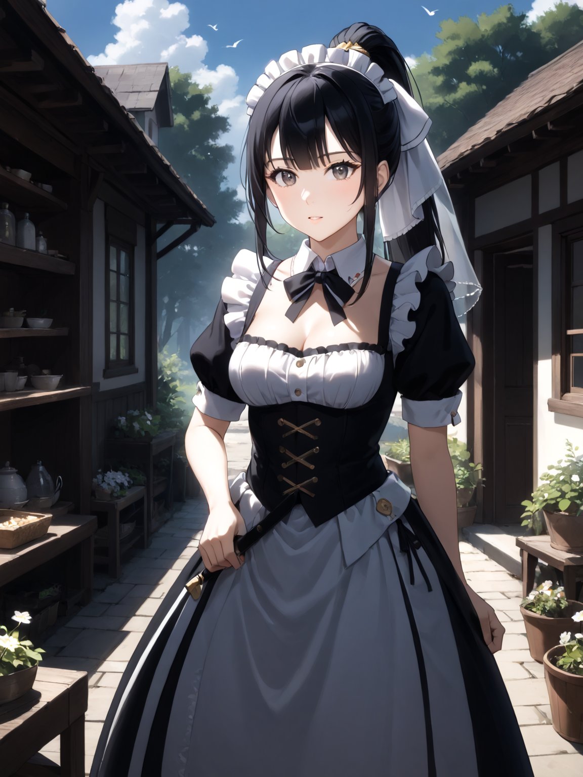 score_9,score_8_up,score_7_up,score_6_up, masterpiece, best quality, highres
,//Character, 
1girl,narberal gamma \(overlord\), long hair, black hair, glay eyes, bangs, ponytail, medium breats
,//Fashion, 
maid
,//Background, 
,//Others, ,Expressiveh, 
A girl and her father building a birdhouse together in a sun-dappled backyard, surrounded by tools and wood shavings.