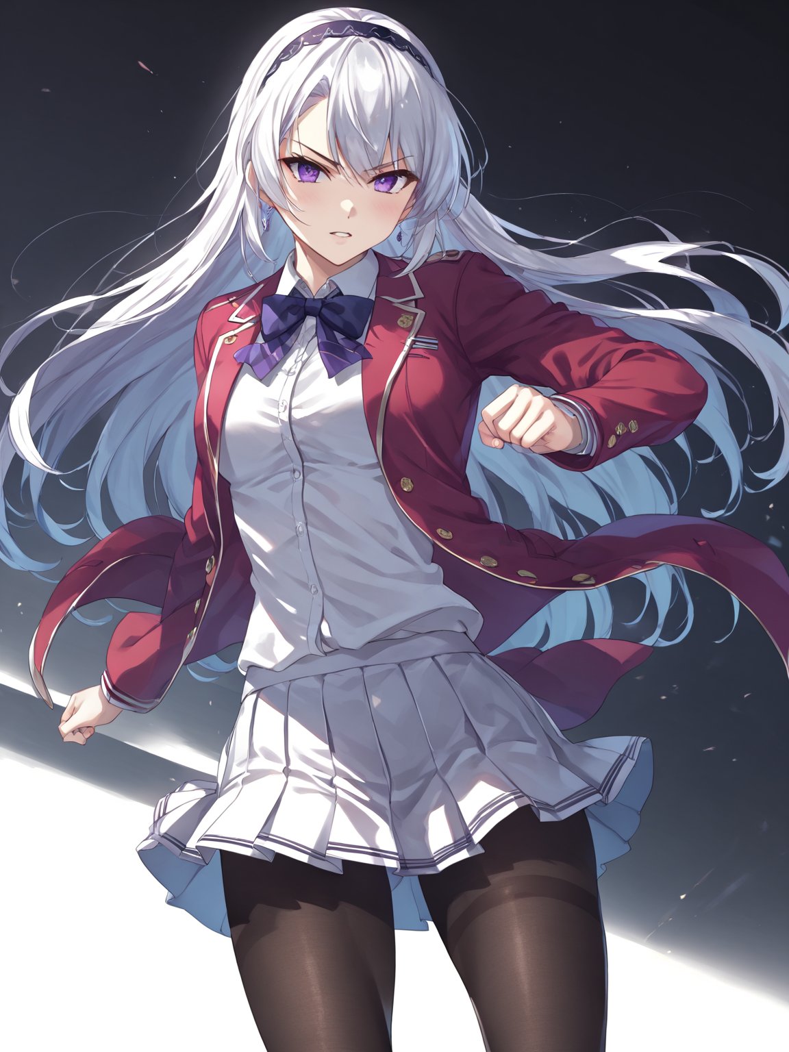 score_9,score_8_up,score_7_up,score_6_up, masterpiece, best quality, 8k, 8k UHD, ultra-high resolution, ultra-high definition, highres
,//Character, 
1girl, solo, long hair, white hair, purple eyes
,//Fashion, 
school uniform, red jacket, pantyhose, pleated skirt, hairband
,//Background, white_background
,//Others, ,Expressiveh,
fighting stance, dynamic pose