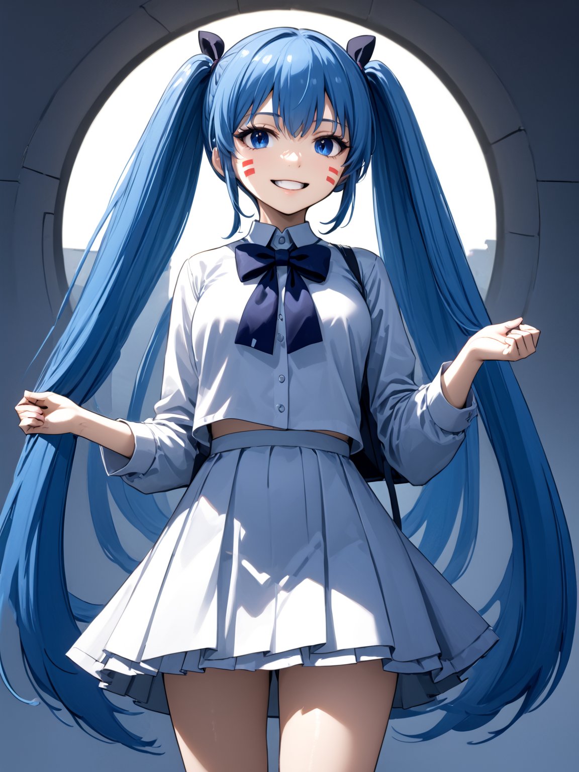 best quality, 8k, 8k UHD, ultra-high resolution, ultra-high definition, highres
,//Character, 
1girl, solo, hermit mio, long hair, blue hair, twintails, blue eyes, facial mark
,//Fashion, 
school_uniform
,//Background, 
,//Others, ,Expressiveh,
The girl standing triumphantly atop a hill, silhouetted against a beautiful sunset. She's holding a magical artifact that glows with rainbow colors. Her posture is confident, and a smile of accomplishment lights up her face. Fireflies dance around her, adding a magical touch to the scene.