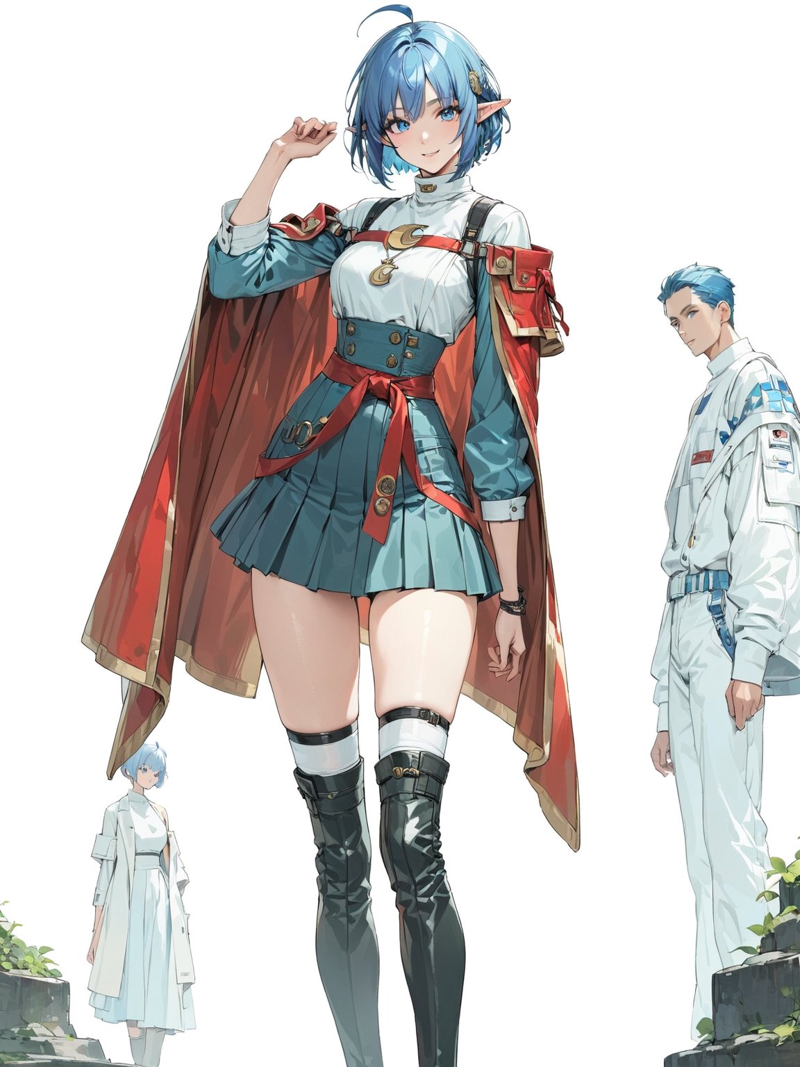 //Quality, masterpiece, best quality, detailmaster2, 8k, 8k UHD, ultra detailed, ultra-high resolution, ultra-high definition, highres, 
//Character, 1girl, solo, blue eyes, short hair, blue hair, pointy ears, ahoge,
//Fashion, red cape, skirt, thighhighs, crescent hair ornament,
//Background, white background, 
//Others, looking at viewer, smile, 