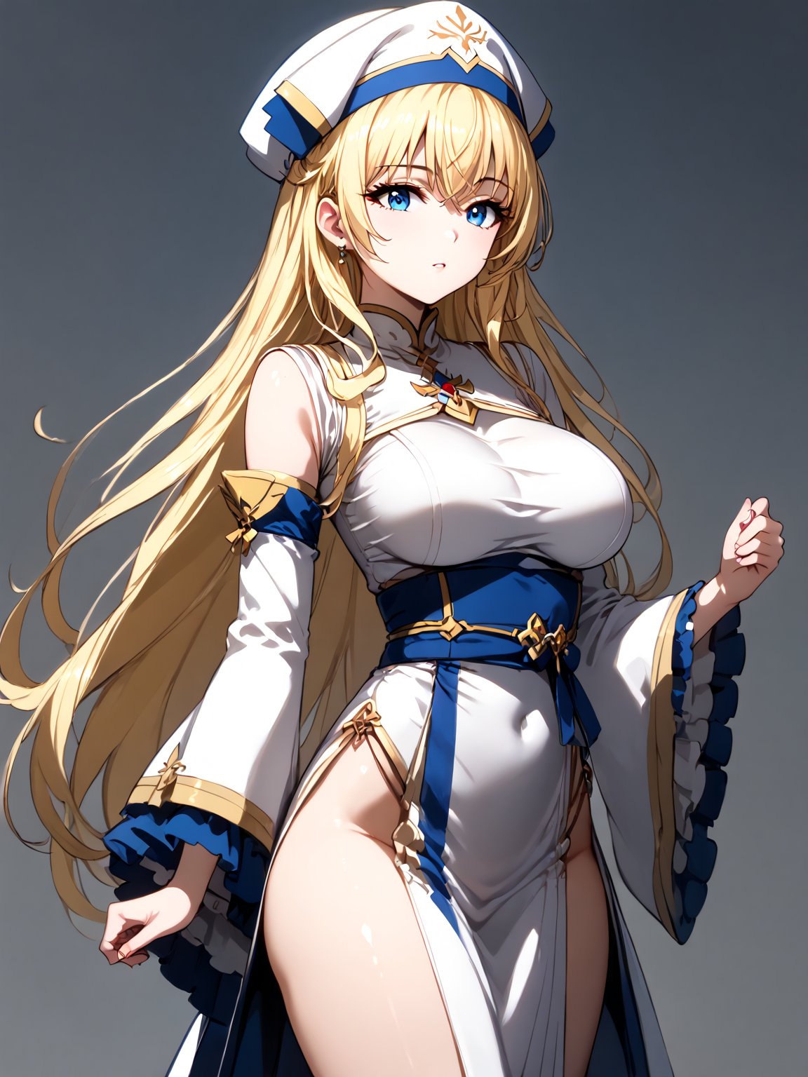 best quality, 8k, 8k UHD, ultra-high resolution, ultra-high definition, highres
,//Character, 
1girl, solo
,//Fashion, 
,//Background, 
,//Others, ,Expressiveh, 
priestess, long hair, blonde hair, blue eyes, dress,
A female martial artist demonstrating a complex kata, her gi in motion