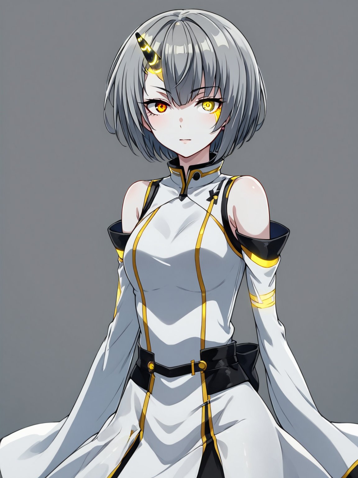 best quality, 8k, 8k UHD, ultra-high resolution, ultra-high definition, highres
,//Character, 
1girl, solo
,//Fashion, 
,//Background, 
,//Others, ,Expressiveh,
Ataru, short hair, grey hair, yellow eyes, heterochromia, glowing, single horn, dress, skirt