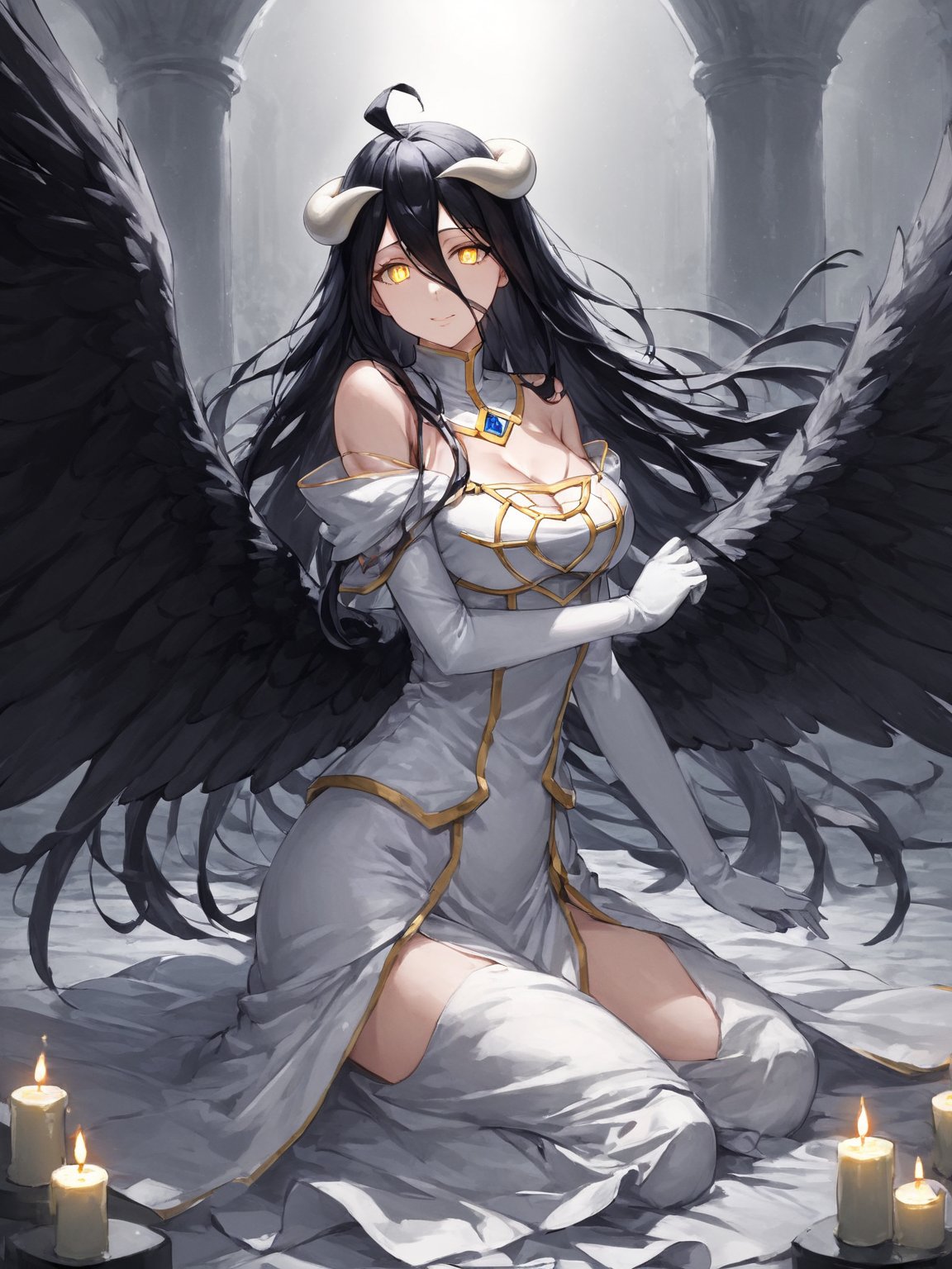 masterpiece, best quality, highres
,//Character, 
1girl, solo,albedo \(overlord\), long hair, black hair, hair between eyes, yellow eyes, horns, ahoge, black wings, feathered wings, low wings
,//Fashion, 
white gloves, white dress, bare shoulders, detached collar, cleavage, slit pupils
,//Background, 
,//Others, ,Expressiveh, 
A young priestess kneeling before a dark altar, surrounded by ominous statues and flickering candles.