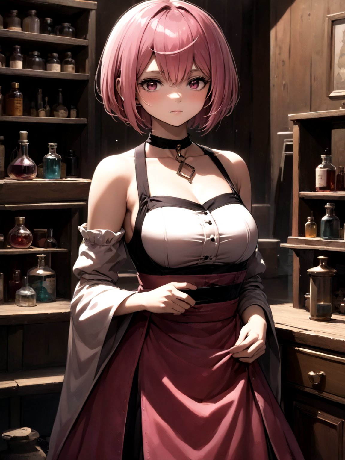 best quality, 8k, 8k UHD, ultra-high resolution, ultra-high definition, highres
,//Character, 
1girl, solo
,//Fashion, 
,//Background, 
,//Others, ,Expressiveh, 
Alural, short hair, pink hair, pink eyes, dress, Female alchemist mixing potions in a cluttered workshop, scrolls with strange symbols, focused expression, vial with swirling black liquid