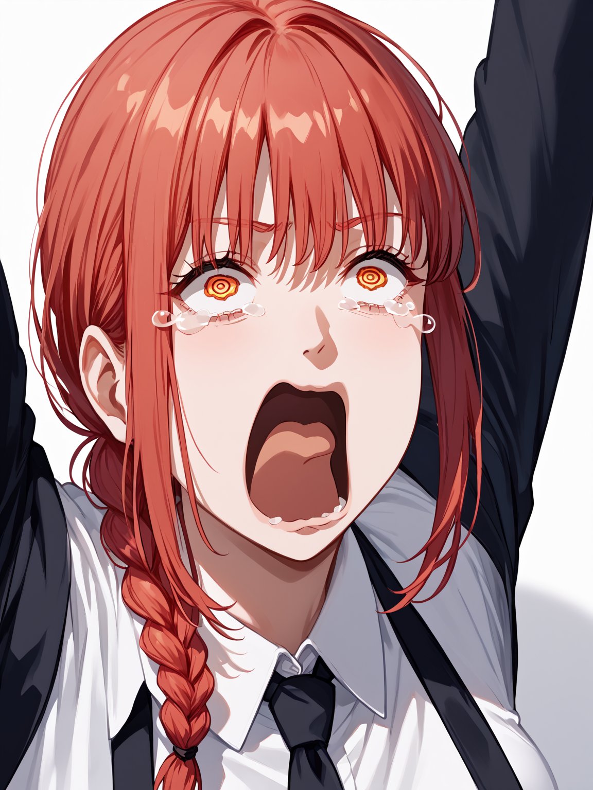 score_9,score_8_up,score_7_up,score_6_up, masterpiece, best quality, 8k, 8k UHD, ultra-high resolution, ultra-high definition, highres
,//Character, 
1girl, solo, makima (chainsaw man), red hair, ringed eyes, braided ponytail
,//Fashion, 
black necktie, shirt, collared shirt, black_pants
,//Background, white_background
,//Others, ,Expressiveh,ArtoriaPendragon, 
aquascreaming, screaming, open mouth, crying with eyes open