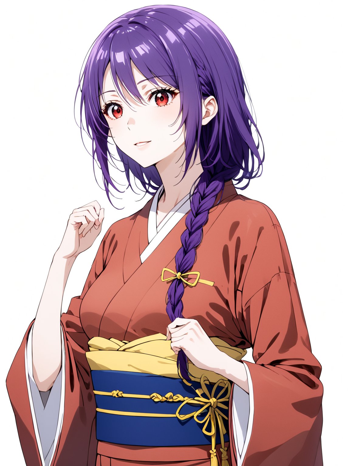 masterpiece, best quality, highres
,//Character, 
1girl, solo
,//Fashion, 
,//Background, white background
,//Others, ,Expressiveh, 
,AobaYuzuki, long hair, purple hair, single braid, red eyes, hair ribbon, yellow ribbon, hair over shoulder, red kimono, long sleeves, obi